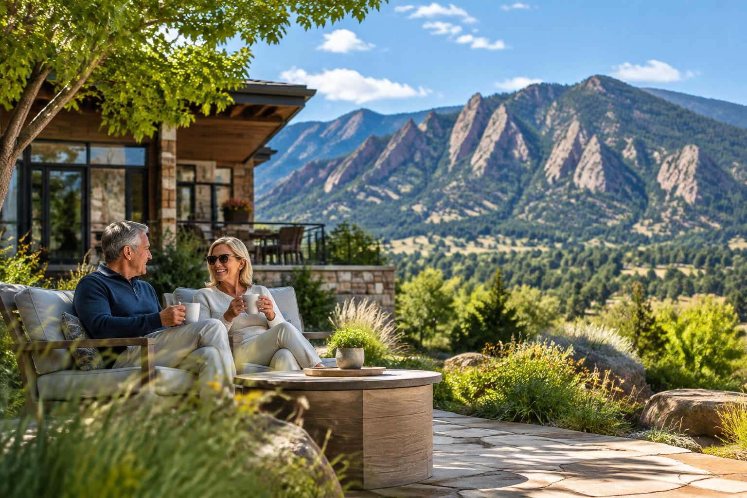 A retired couple relaxes on the patio of a home with the Flatirons rising in the background.