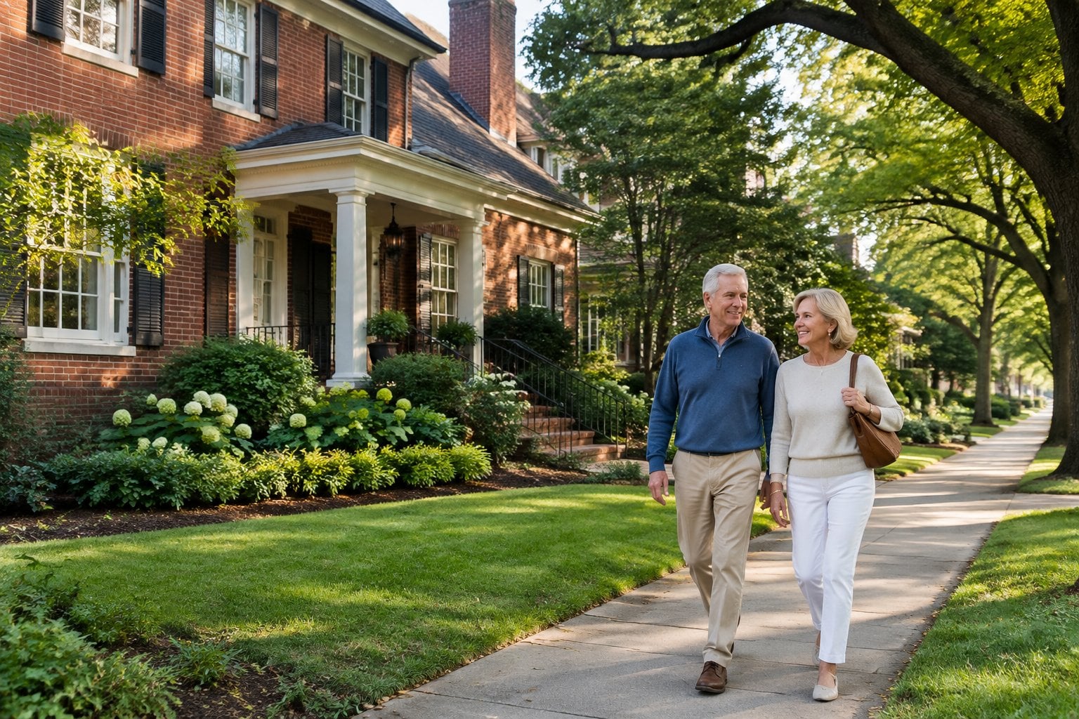 An older couple walks along a leafy street beside a large brick home.