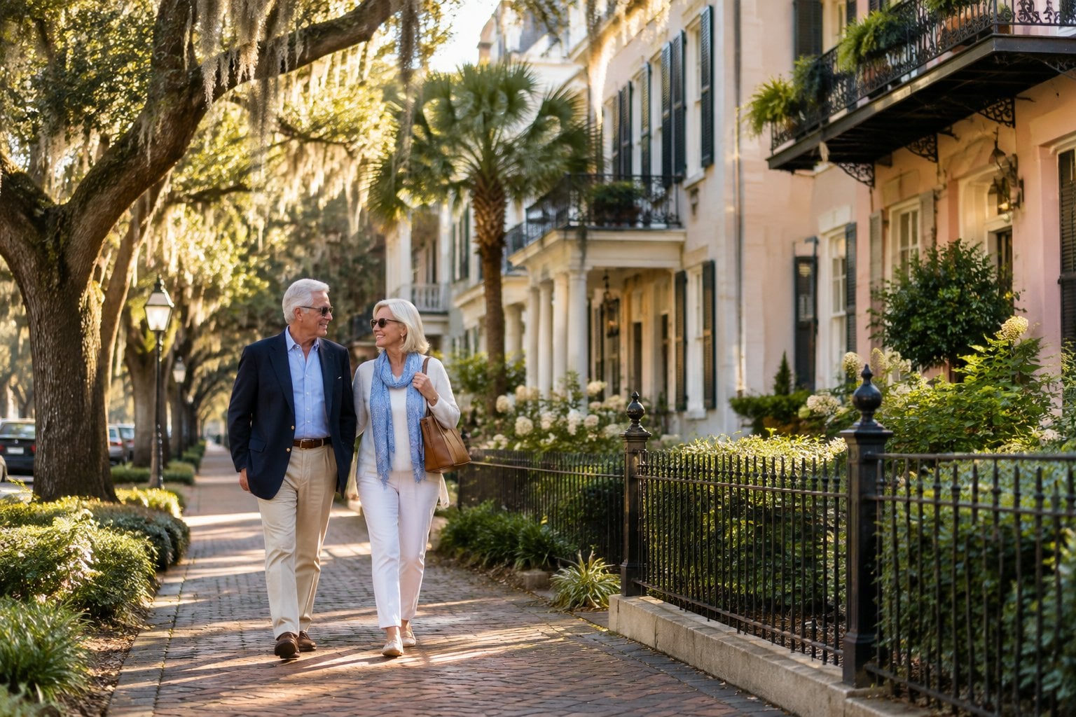An older couple walks along a tree-lined street of pastel historic homes in Charleston.