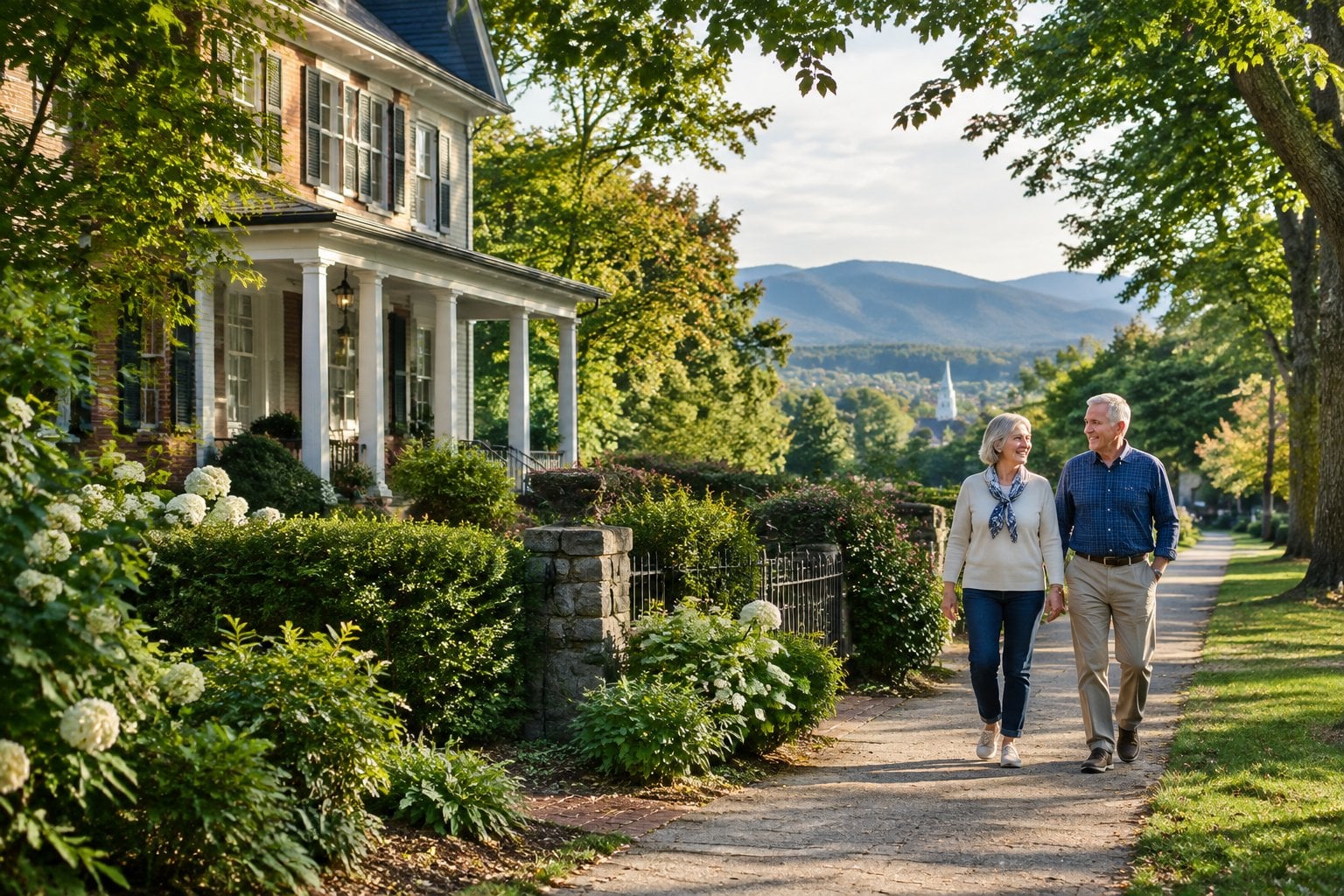 An older couple walks past a historic home on a leafy Charlottesville street.