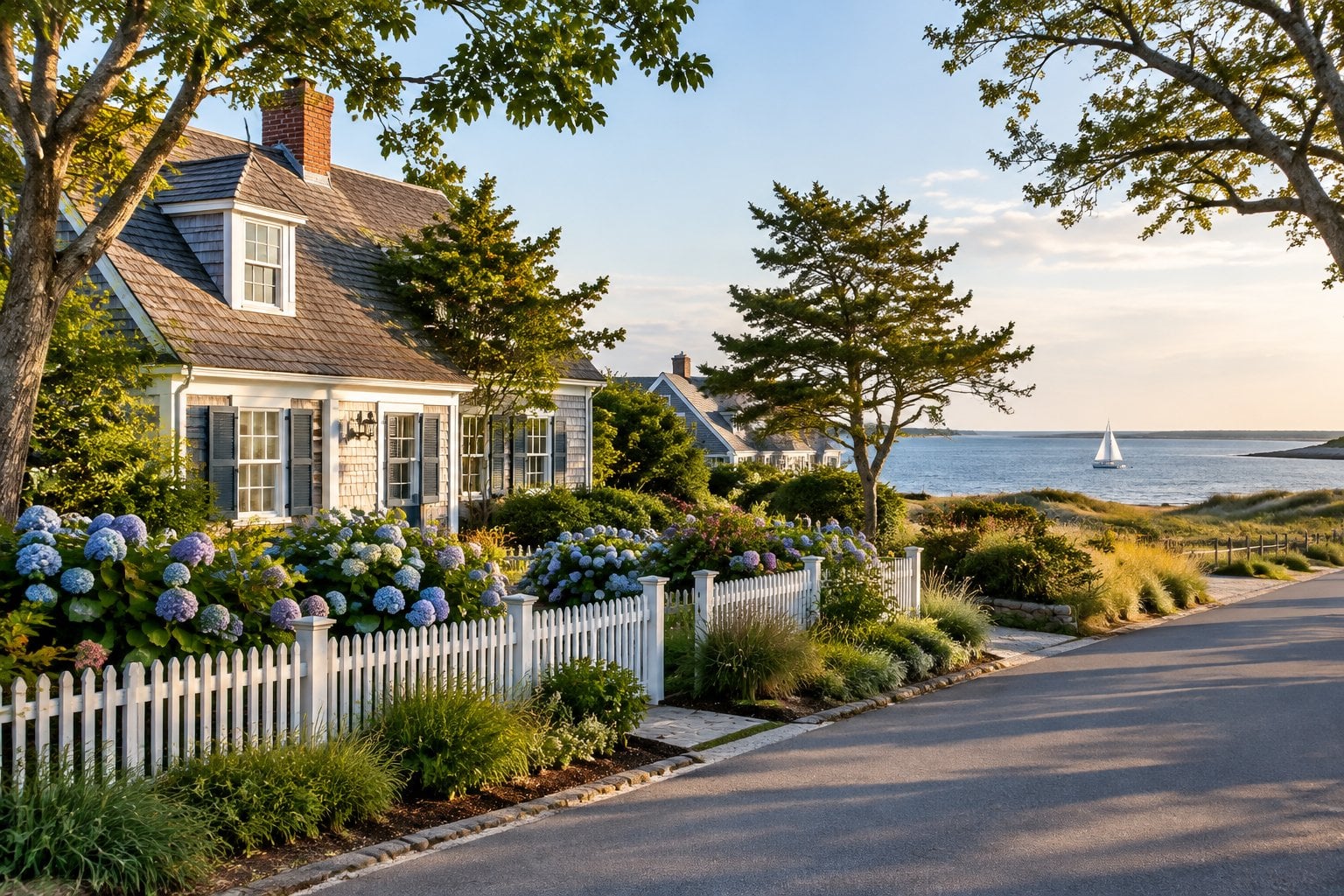 A coastal home surrounded by hydrangeas overlooks the water in Chatham, Massachusetts.