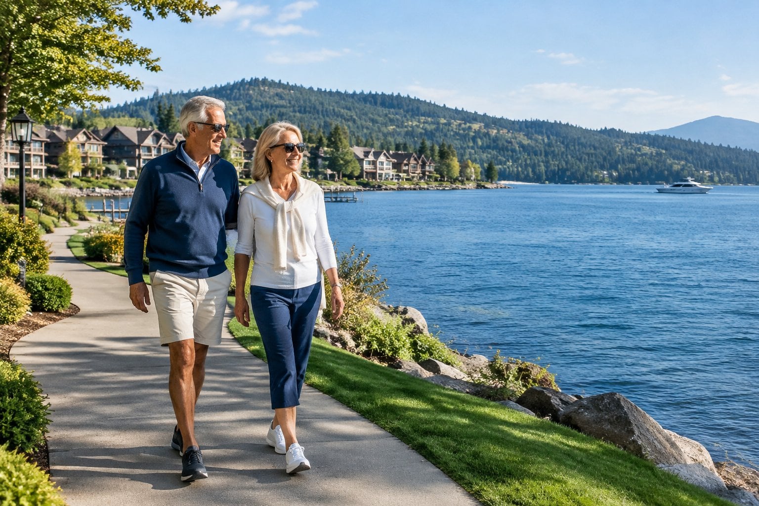 An older couple walks along the shore of Lake Coeur d’Alene.