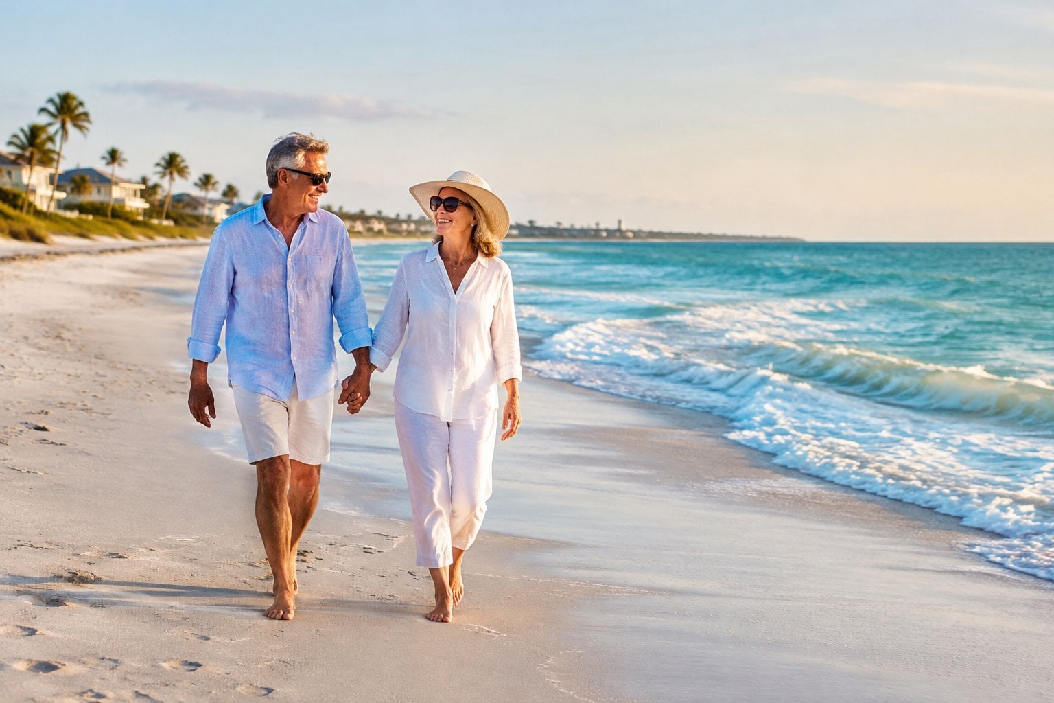 An older couple walks along a sunny beach in Fernandina Beach, Florida.