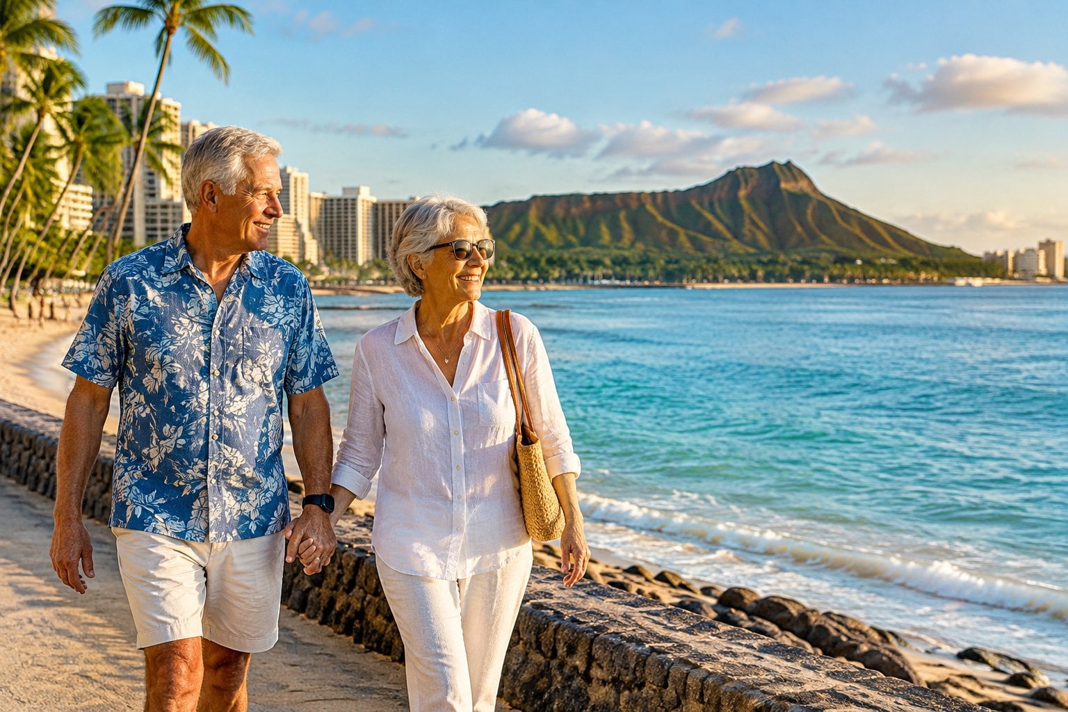 A retired couple walks along a Honolulu beach with Diamond Head in the distance.
