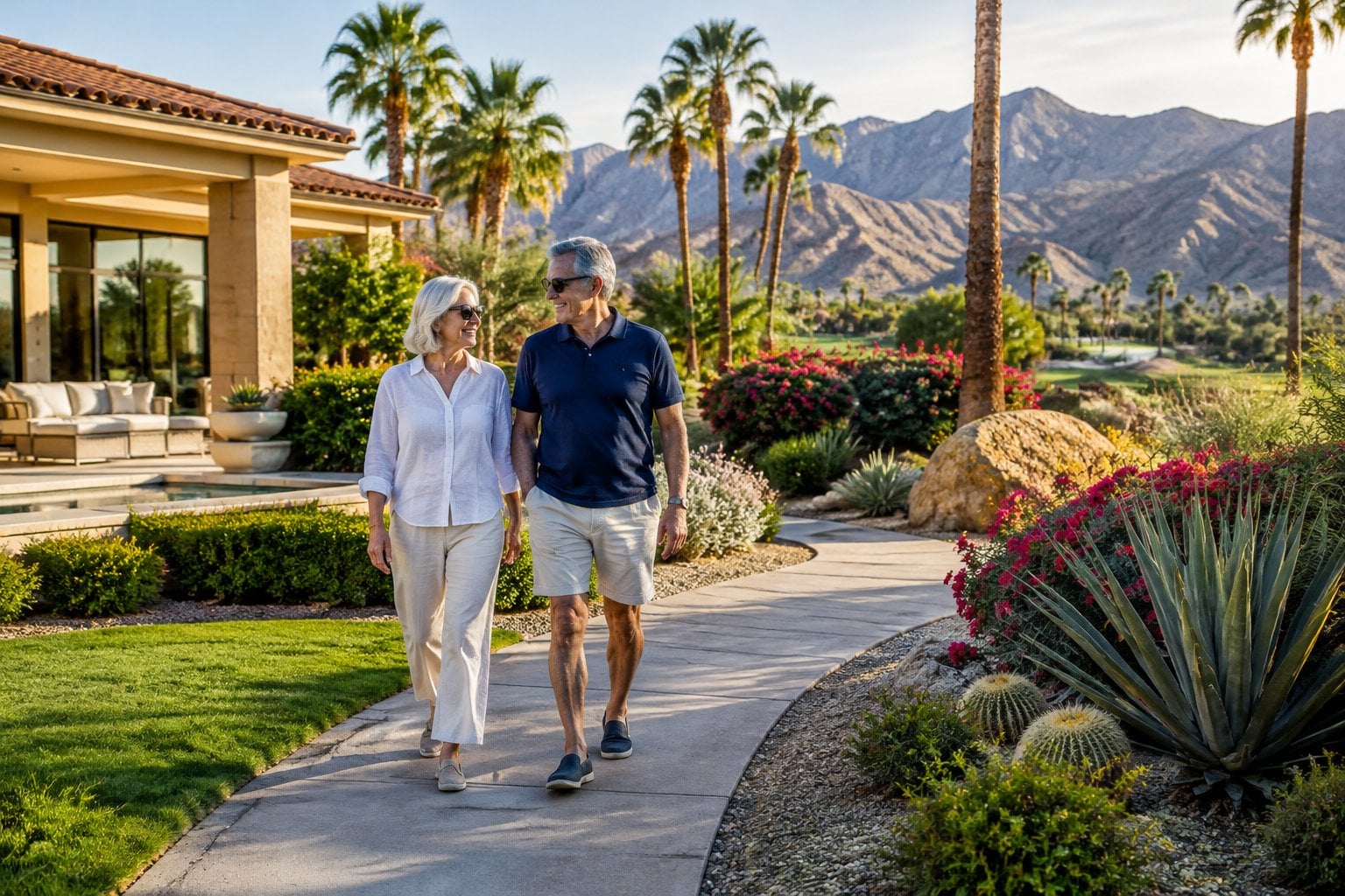 An older couple walks along a landscaped path with palm trees and desert mountains nearby.