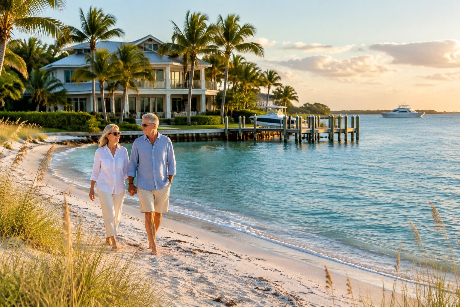An older couple walks along a beach beside a waterfront home in Longboat Key.