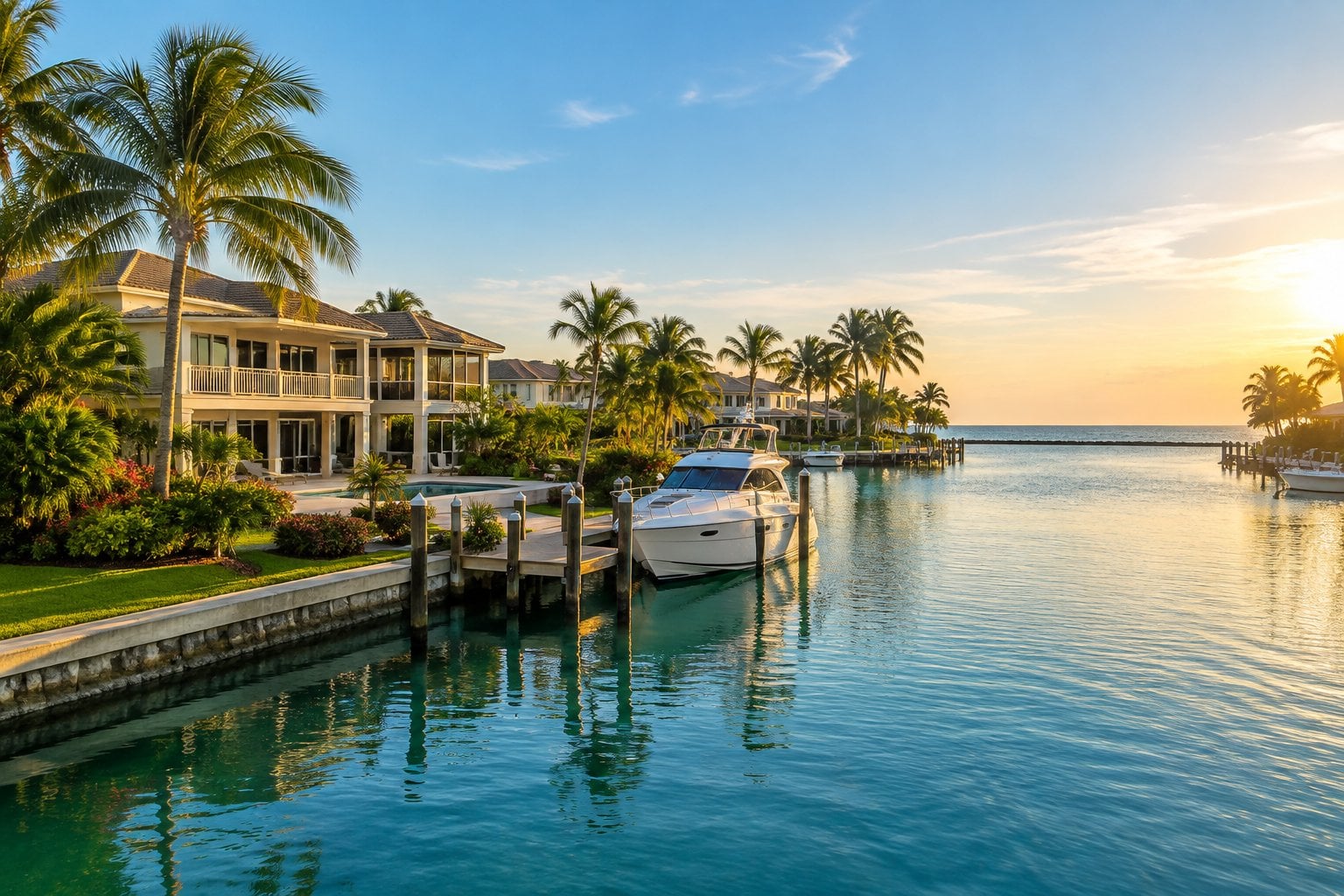 A waterfront home, palm trees, and a yacht beside a calm canal.
