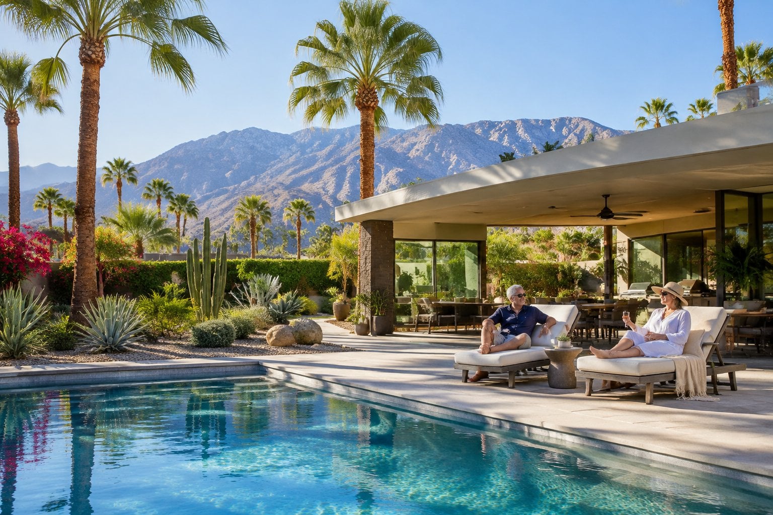 An older couple relaxes beside a pool at a desert home surrounded by palm trees and mountains.