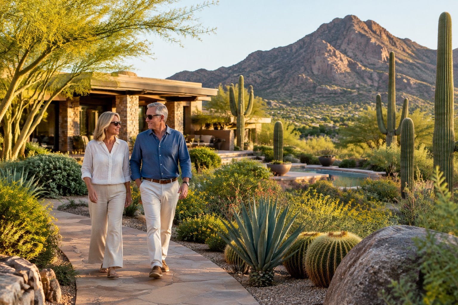 An older couple walks through a desert garden near a luxury home, with Camelback Mountain in the distance.