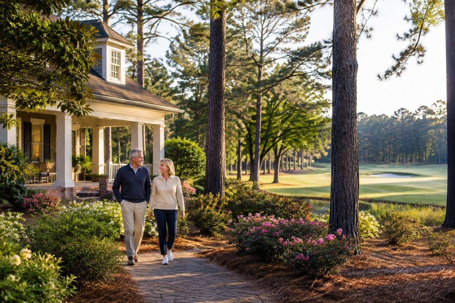 A retired couple walks beside a manicured golf course near an elegant home and pine trees.