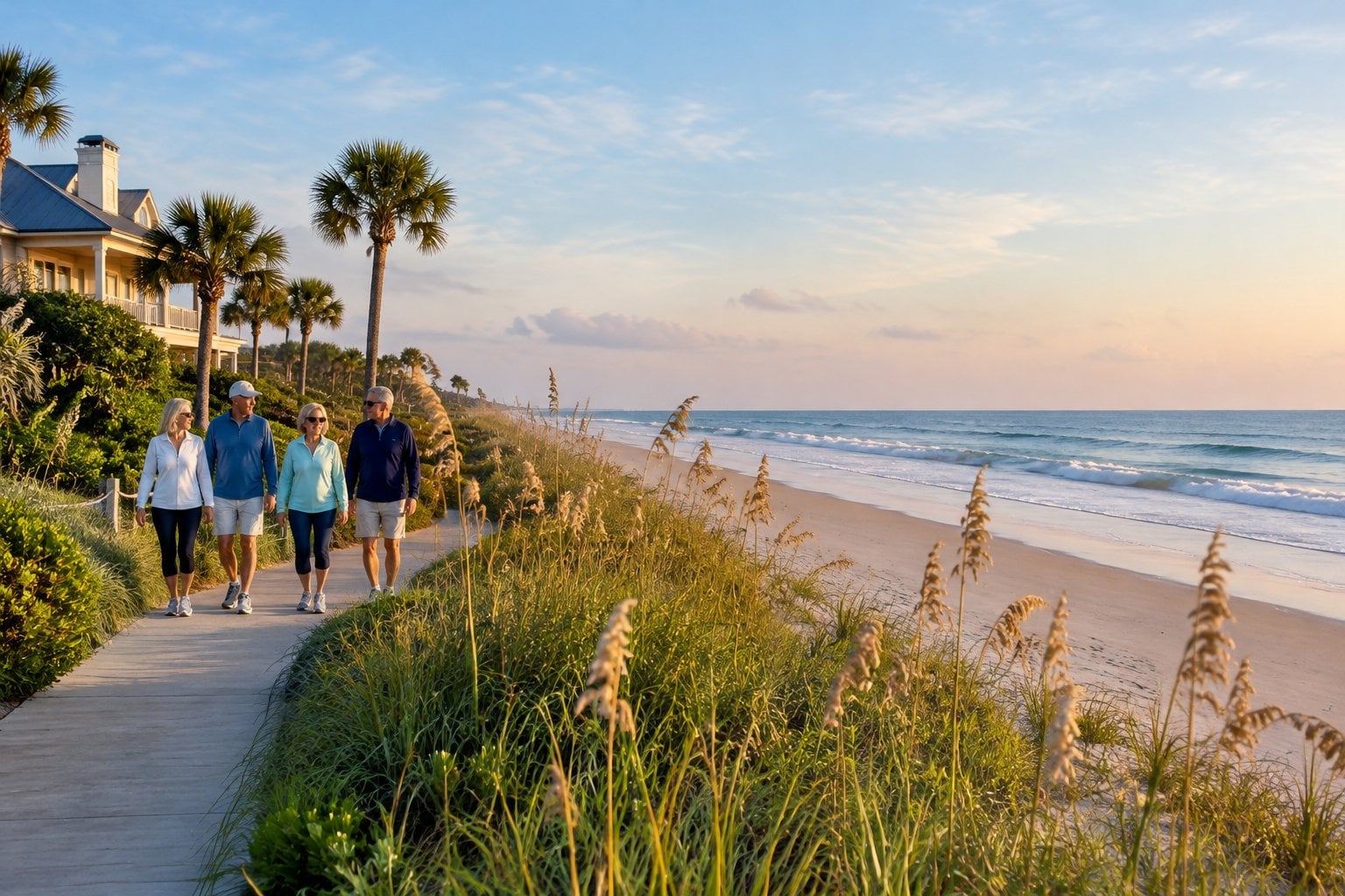 Older adults stroll along a Florida beach near an oceanfront home.