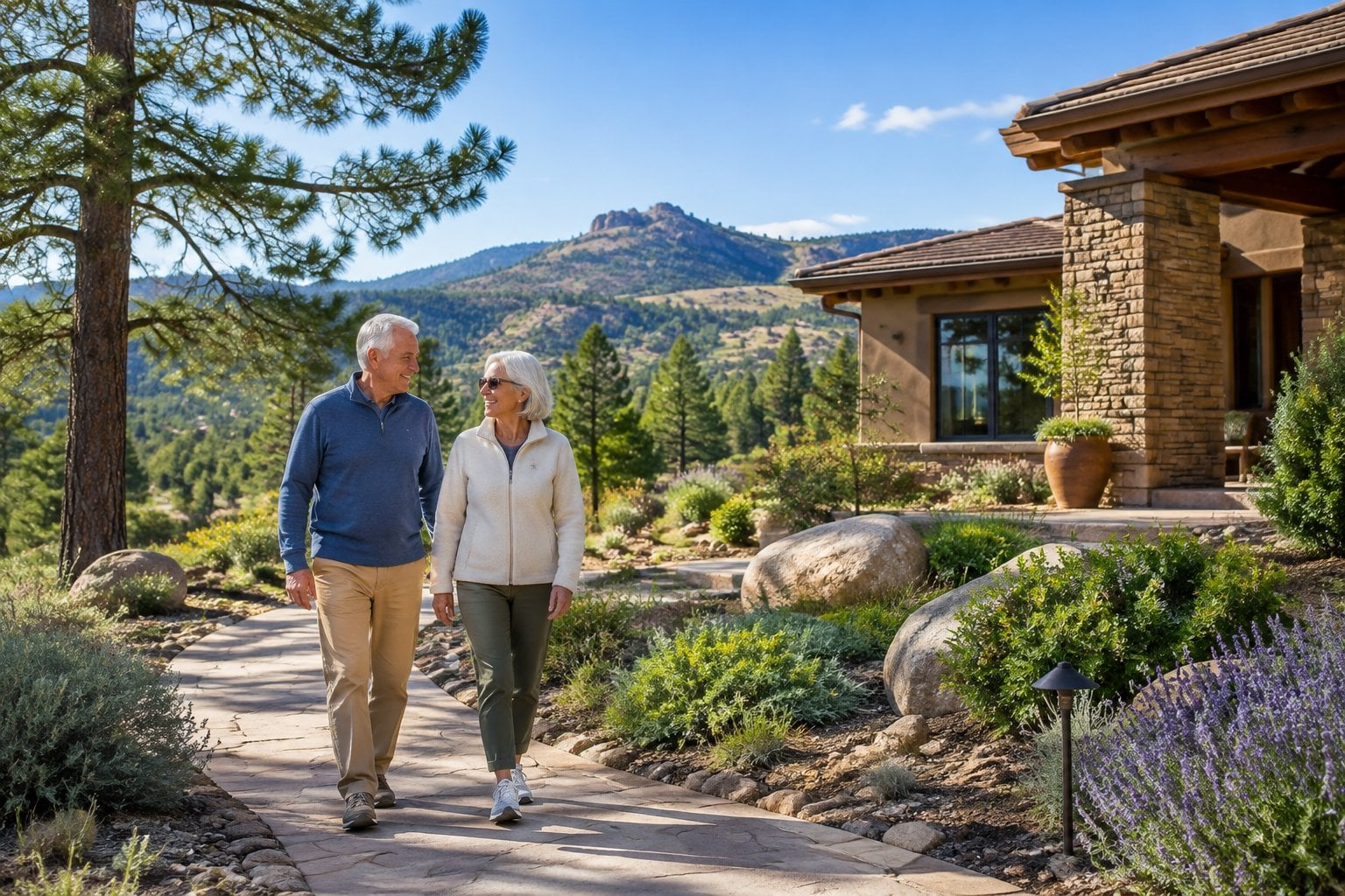 An older couple walks beside an upscale home among pine trees in Prescott, Arizona.