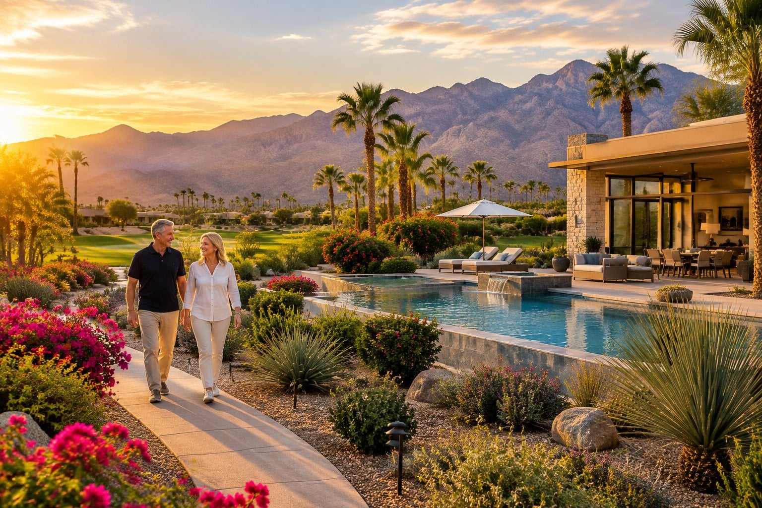 A retired couple walks through a landscaped desert community with a pool and mountains nearby.