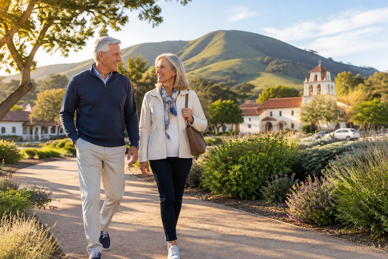 A retired couple walks along a scenic path with hills and Spanish-style buildings in the background.