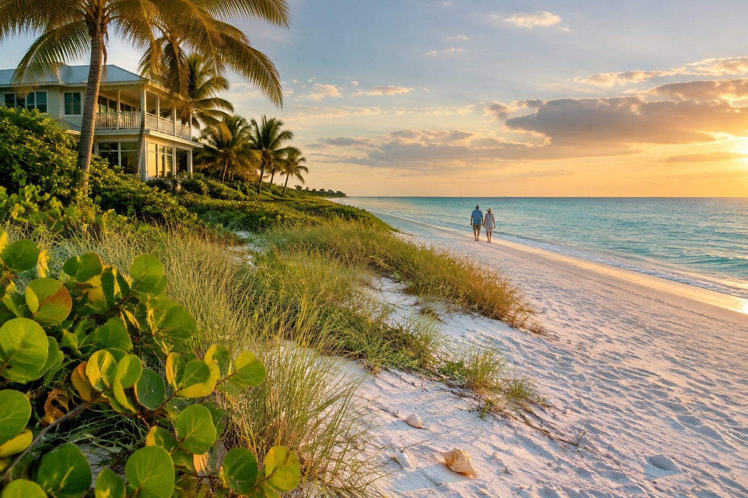 A retired couple walks along a sunny Sanibel beach near a palm-lined home.