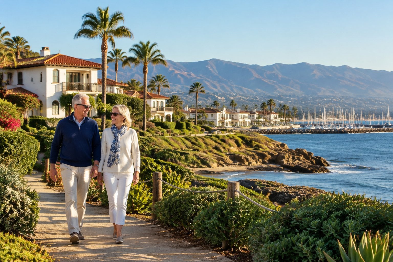 An older couple walks along a coastal path in Santa Barbara, with palm trees, homes, mountains, and the Pacific Ocean nearby.