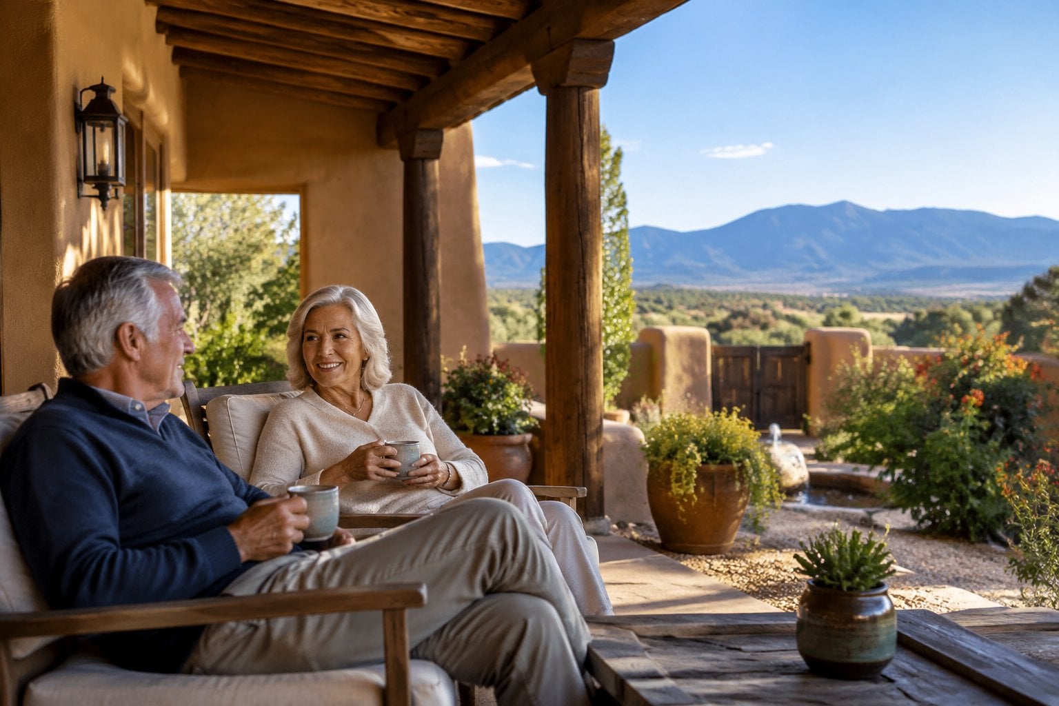 An older couple relaxes on the shaded porch of an adobe home in Santa Fe, with mountains in the distance.