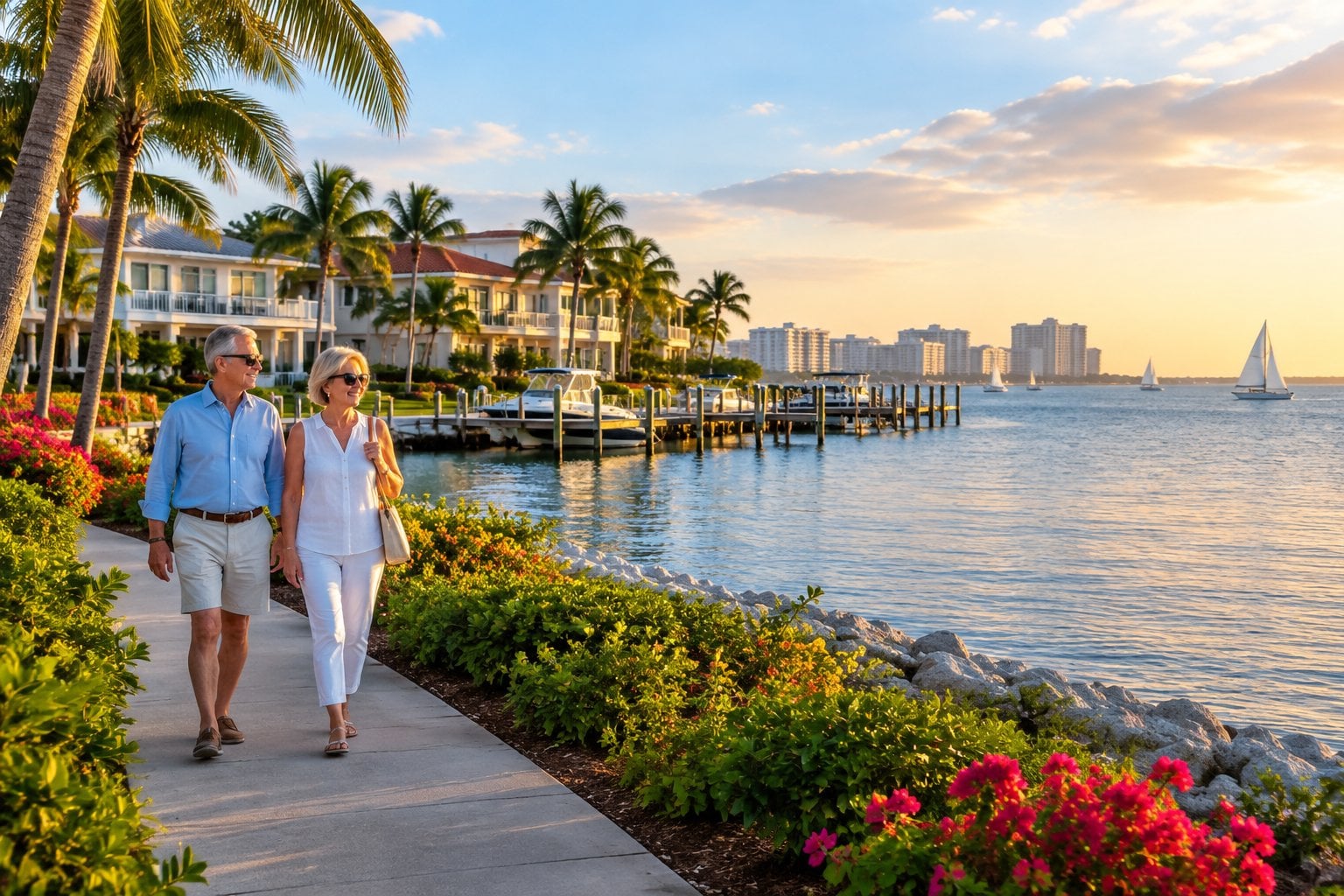 An older couple walks along a palm-lined waterfront path in Sarasota, Florida.