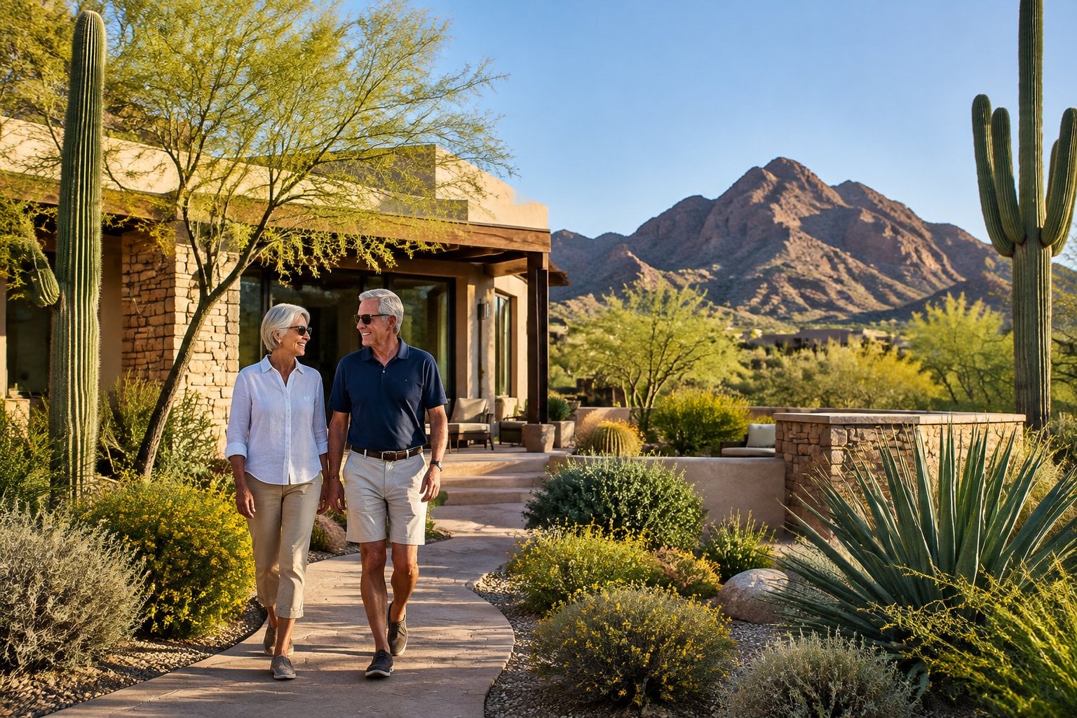 An older couple walks through a landscaped desert garden beside an upscale home, with Camelback Mountain in the distance.