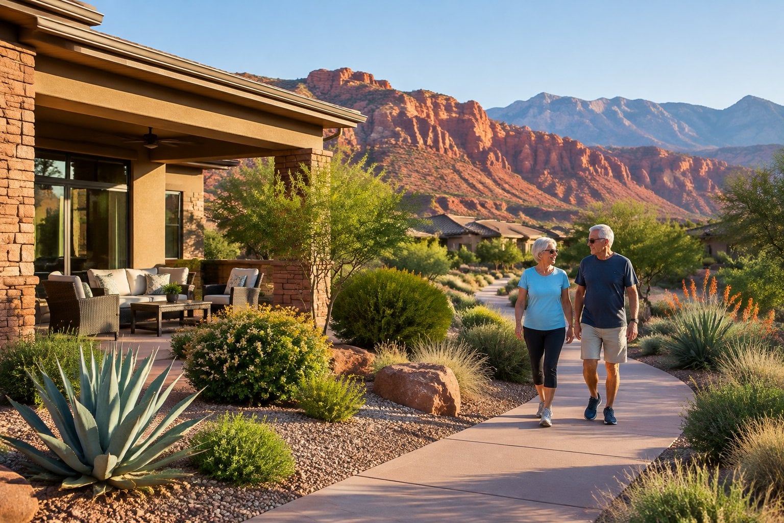An older couple walks near a Southwestern home with red cliffs in the background.