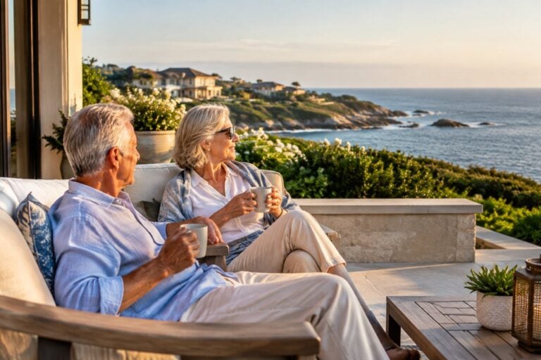 An older couple relaxes on a terrace overlooking the ocean.