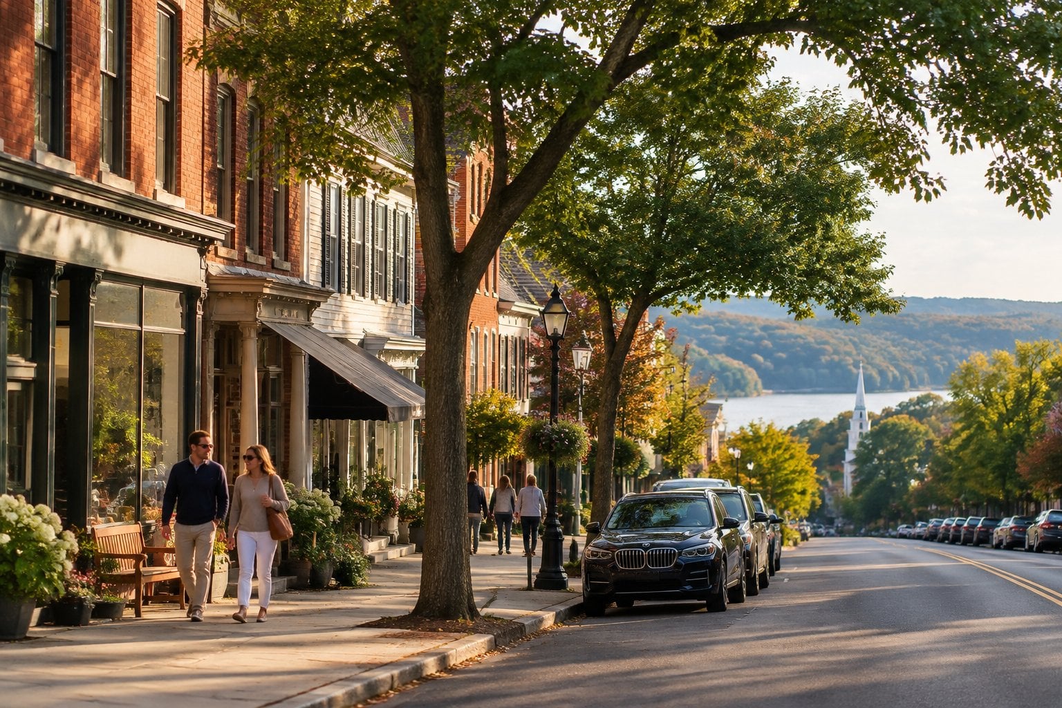 People walk along a tree-lined street of historic buildings in Rhinebeck, New York.