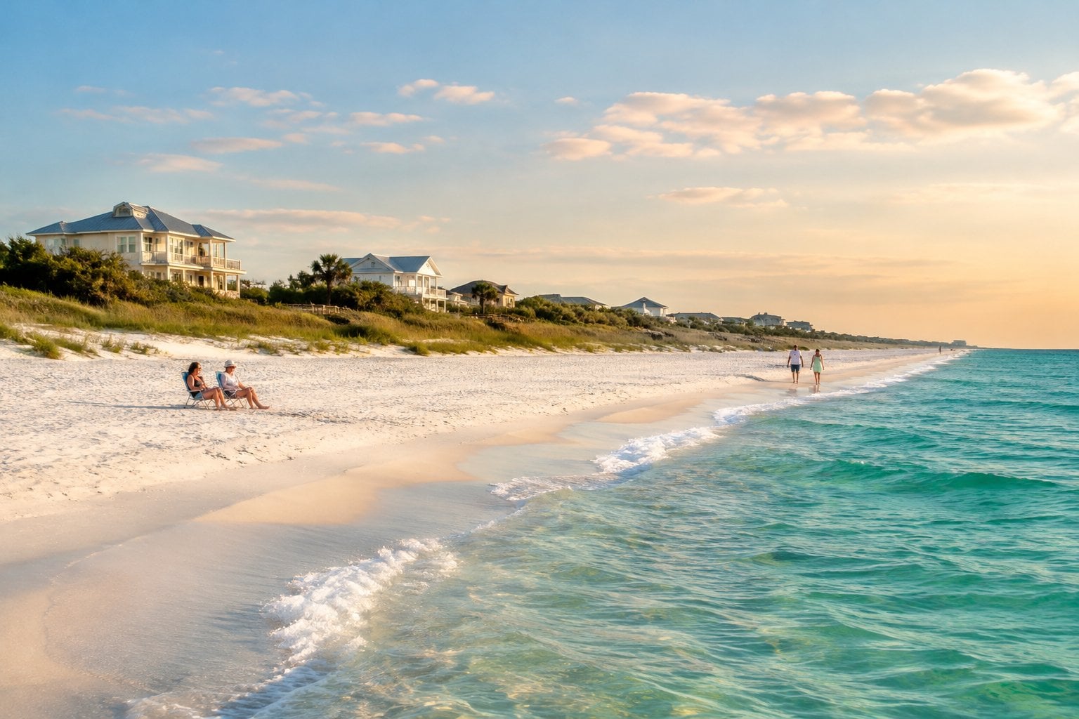 A quiet white-sand beach with turquoise water and a coastal home in the background.