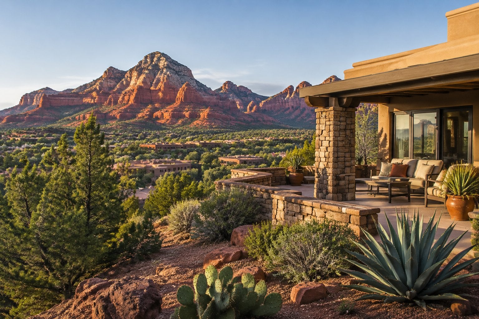 A Southwestern home sits among desert plants beneath Sedona’s red-rock formations.
