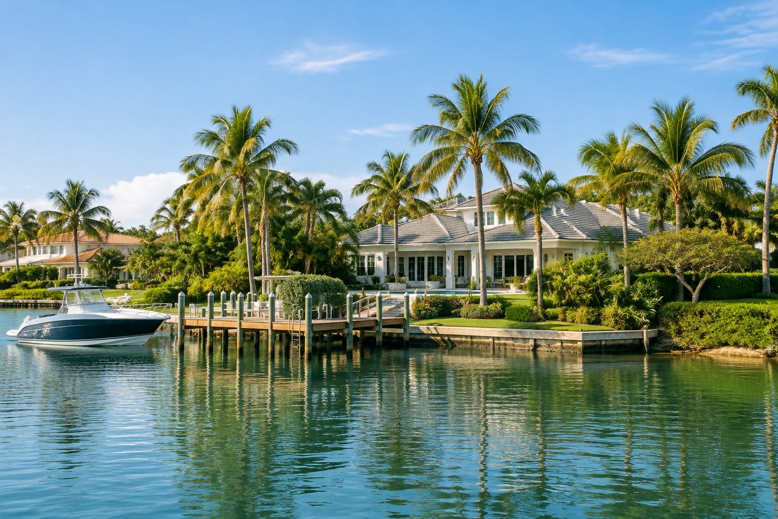 A waterfront home with a dock and boat along a palm-lined Florida shoreline.