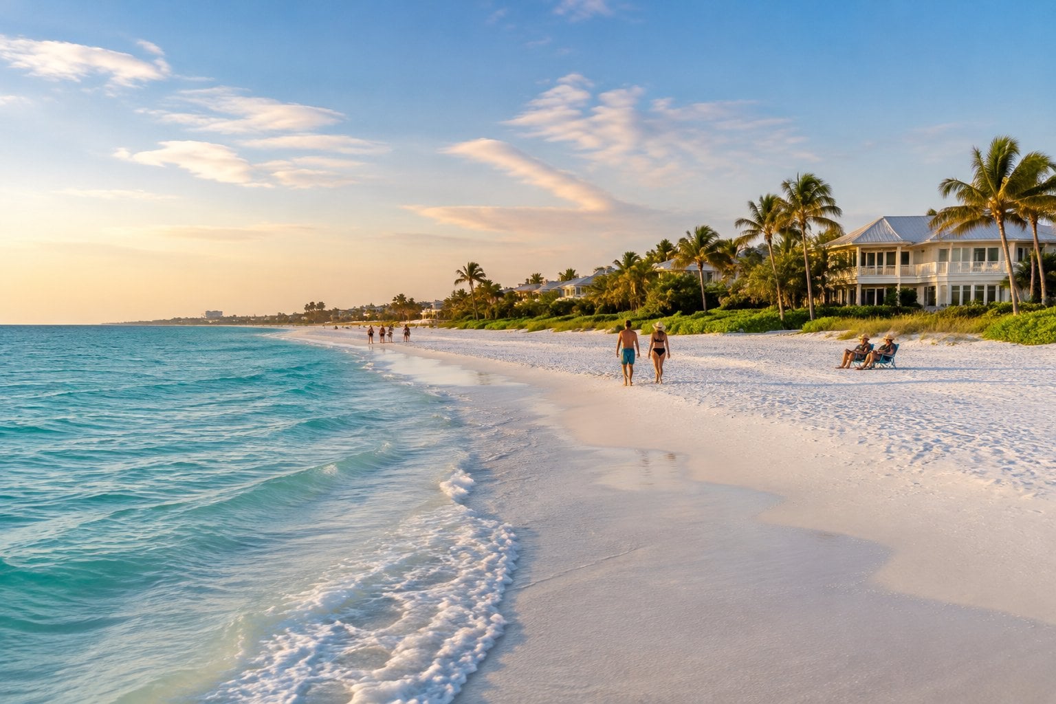 A white-sand beach with turquoise water, palm trees, and beachfront homes in Siesta Key, Florida.