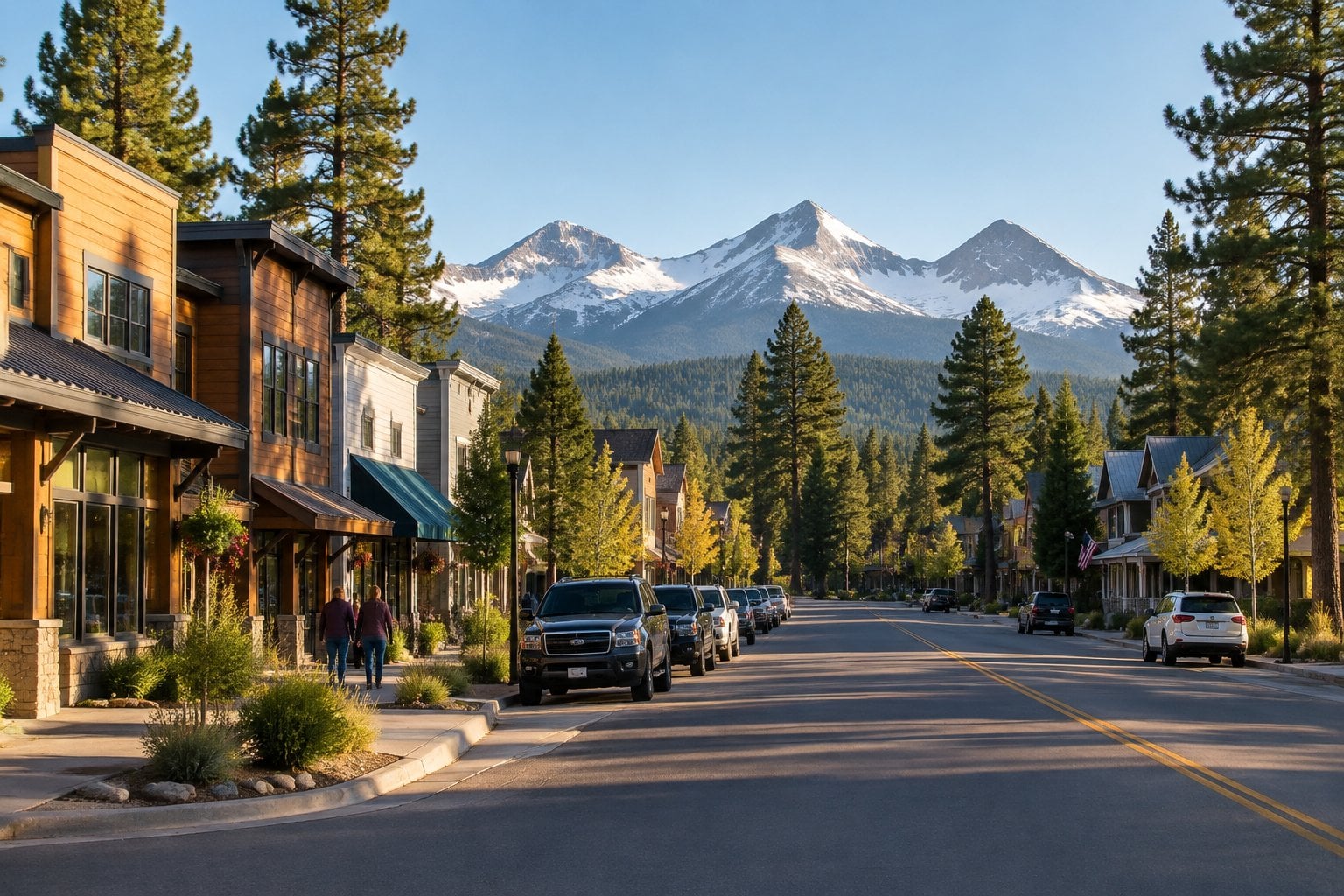 A small town street in Sisters, Oregon, with pine trees and snow-capped mountains in the distance.