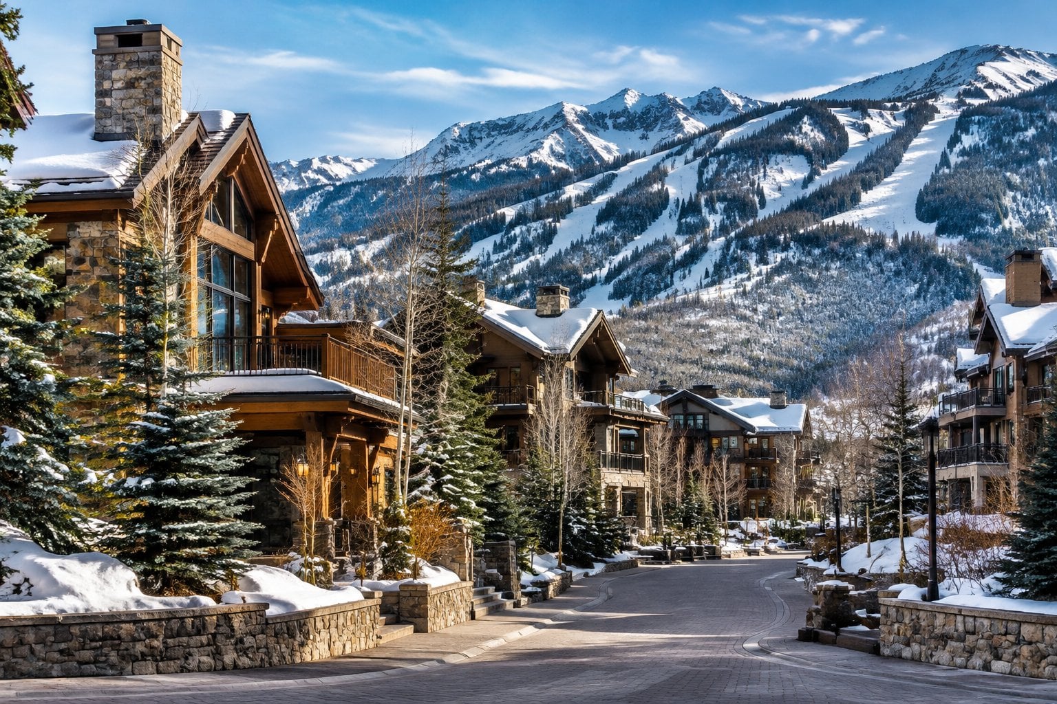 Upscale alpine buildings nestled among evergreen trees beneath the mountains in Snowmass Village.
