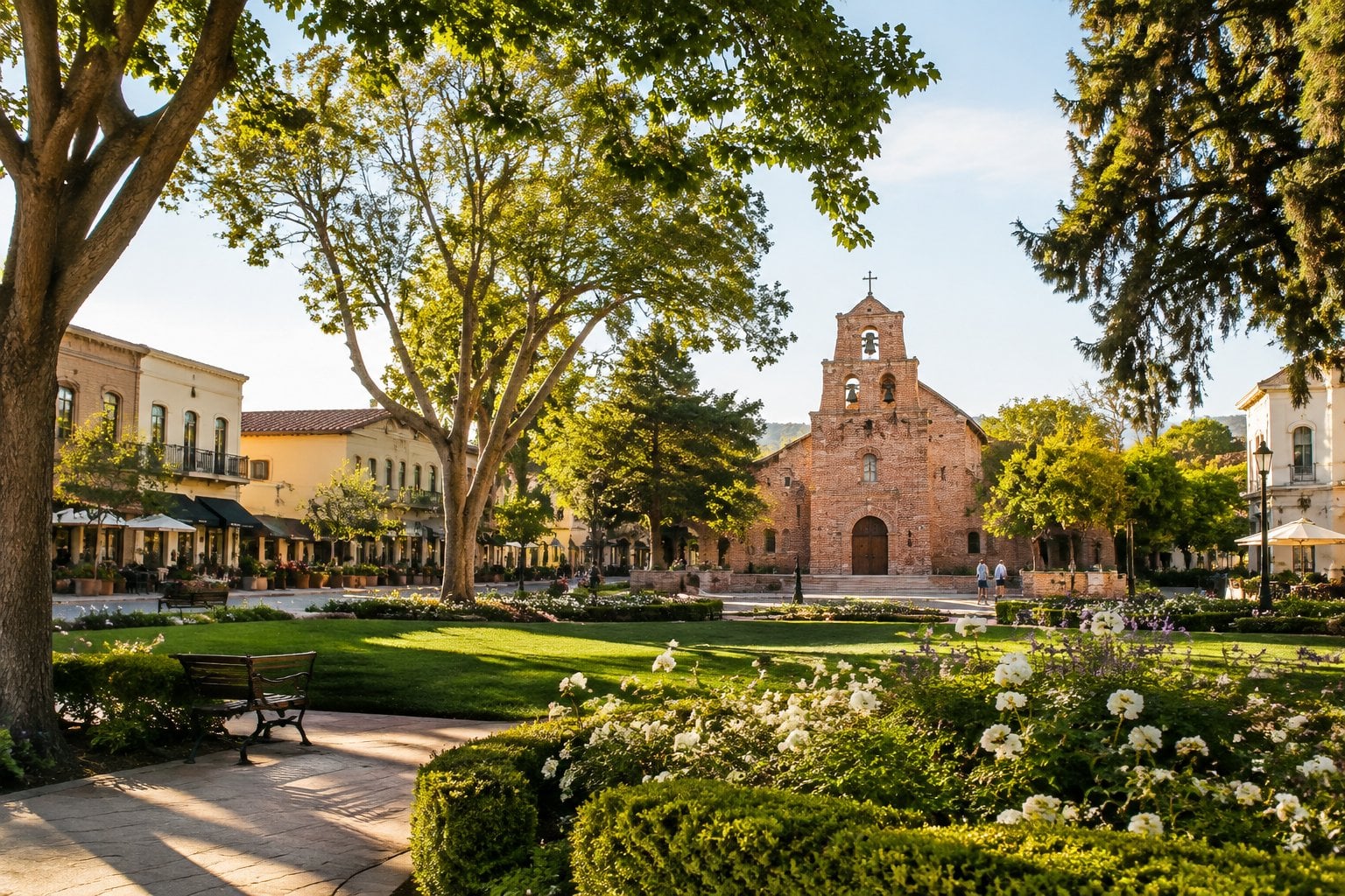 A leafy town square surrounded by historic buildings in Sonoma, California.