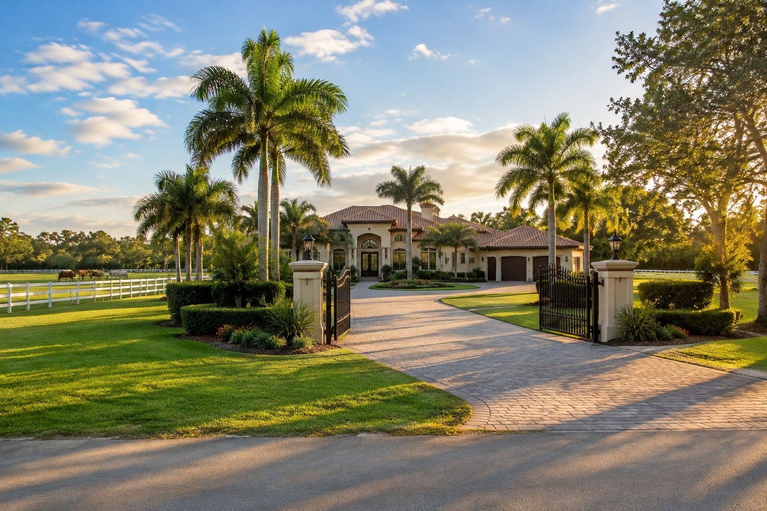 A spacious ranch-style home surrounded by lawns, palm trees, and a fenced paddock.