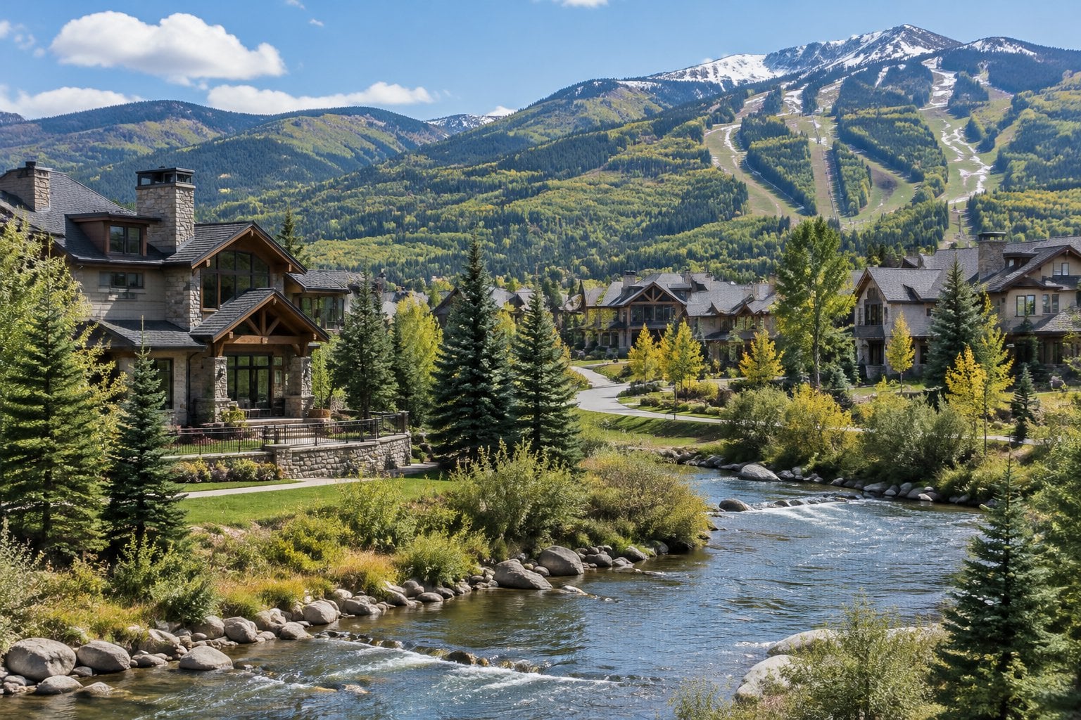 Homes and lodges sit in a mountain valley beside a river in Steamboat Springs.