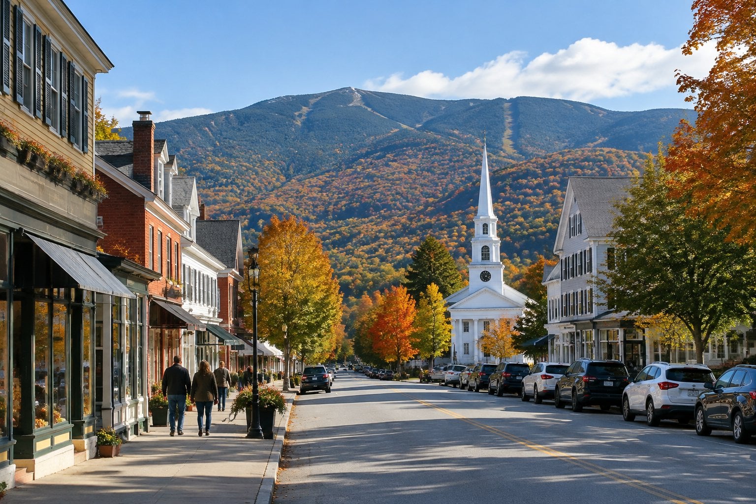 A New England village street with a white church steeple and wooded mountains in the distance.
