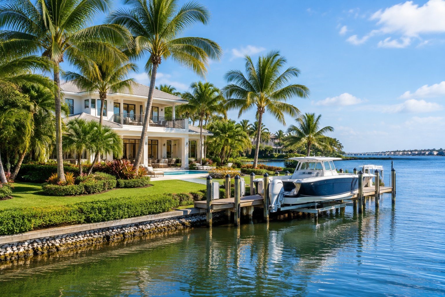 A waterfront home with palm trees and a boat dock in Tequesta, Florida.