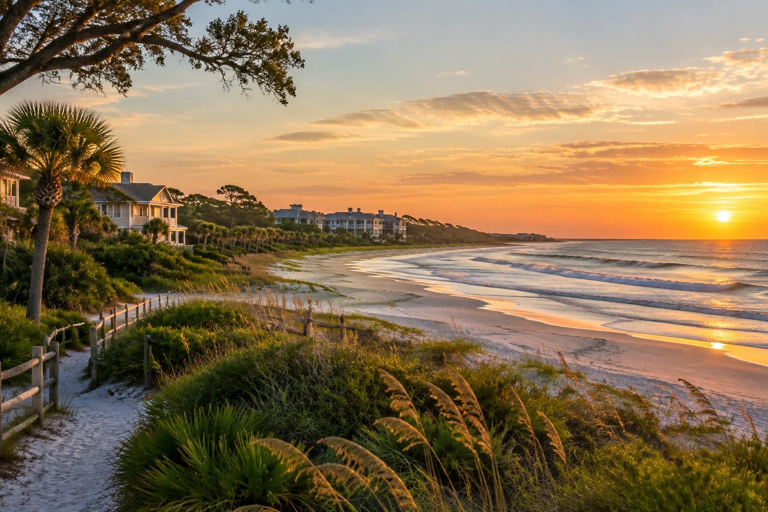 A quiet sandy beach with gentle waves, palmettos, and homes among coastal trees.