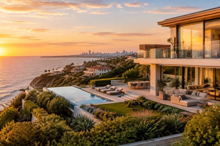 A luxury home overlooks the ocean in an upscale coastal neighborhood.
