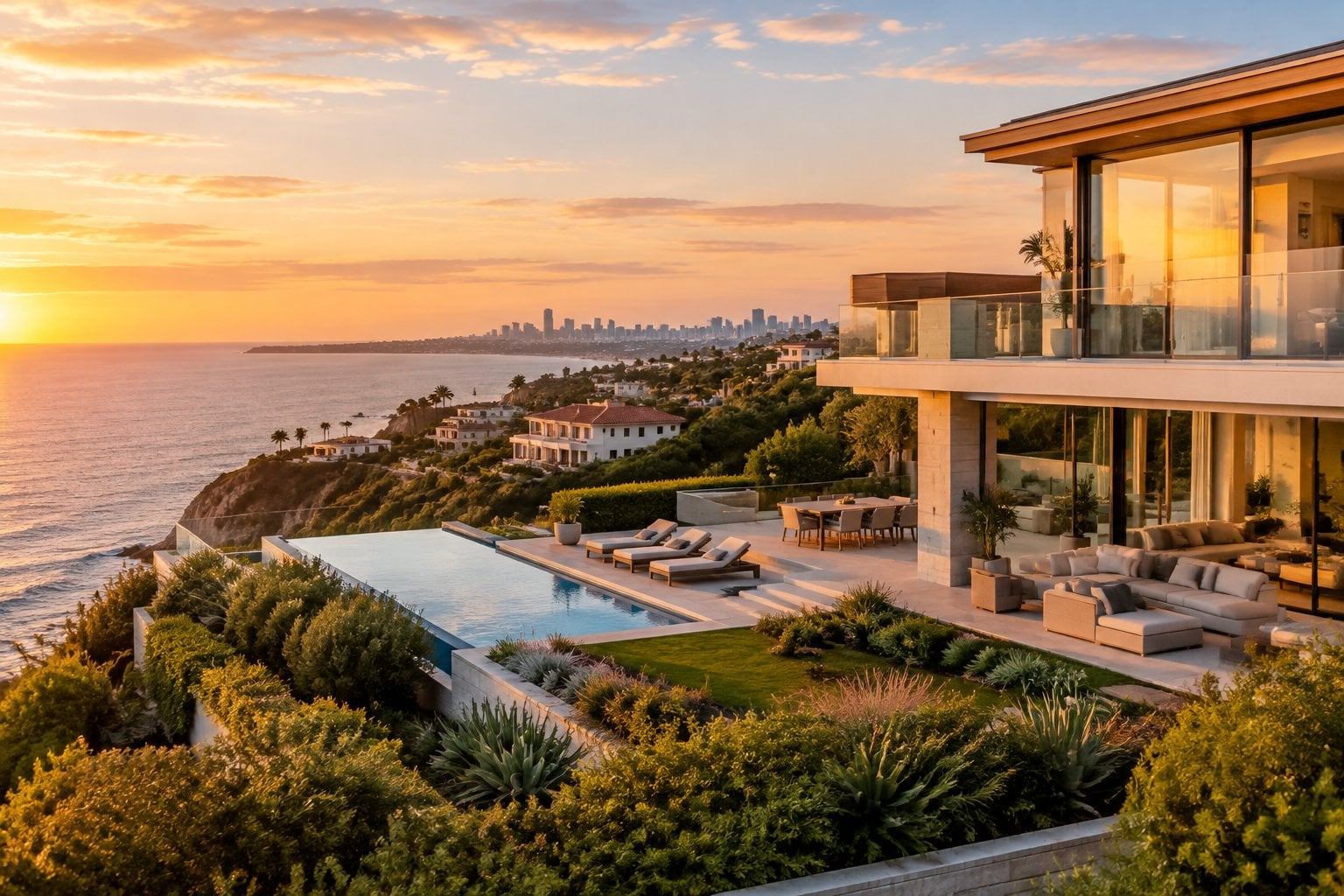 A luxury home overlooks the ocean in an upscale coastal neighborhood.