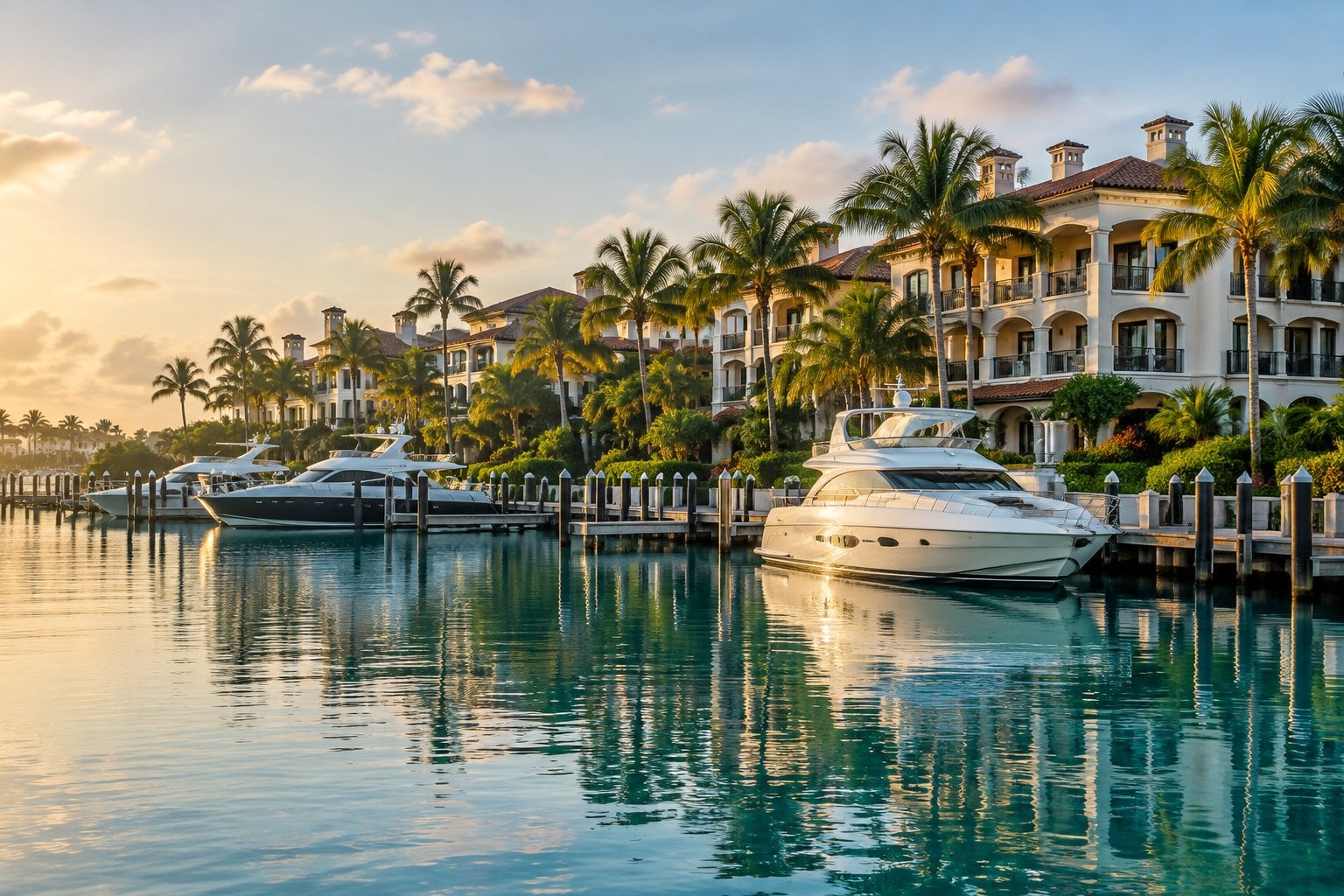 Luxury homes and yachts along the waterfront on Fisher Island.
