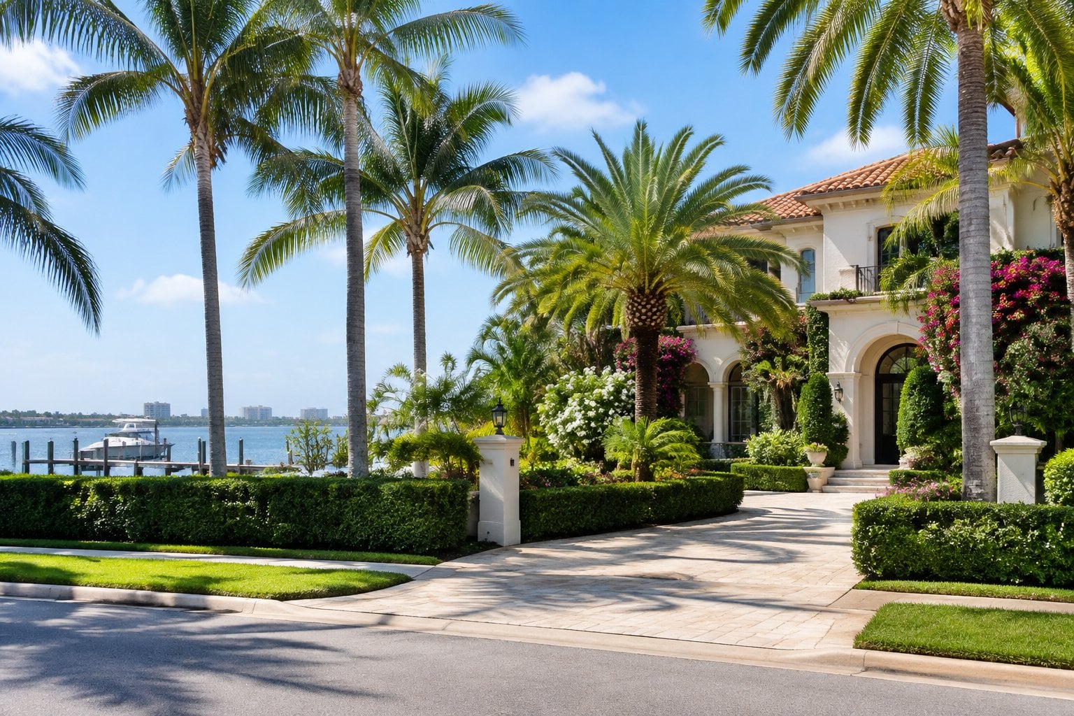 A waterfront estate surrounded by palm trees and tropical gardens in Palm Beach, Florida.