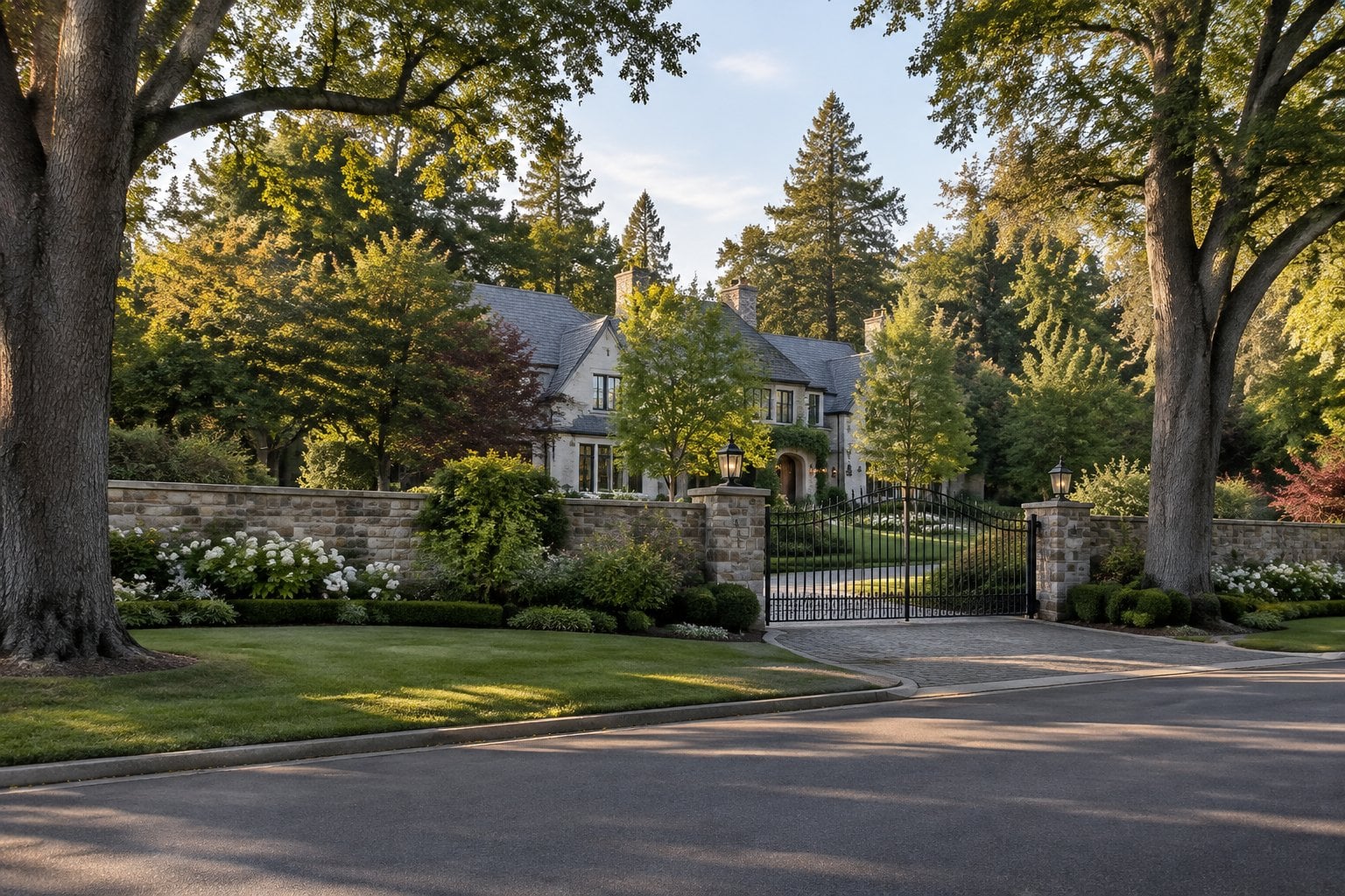 A large home behind a stone wall and trees on a quiet residential street.