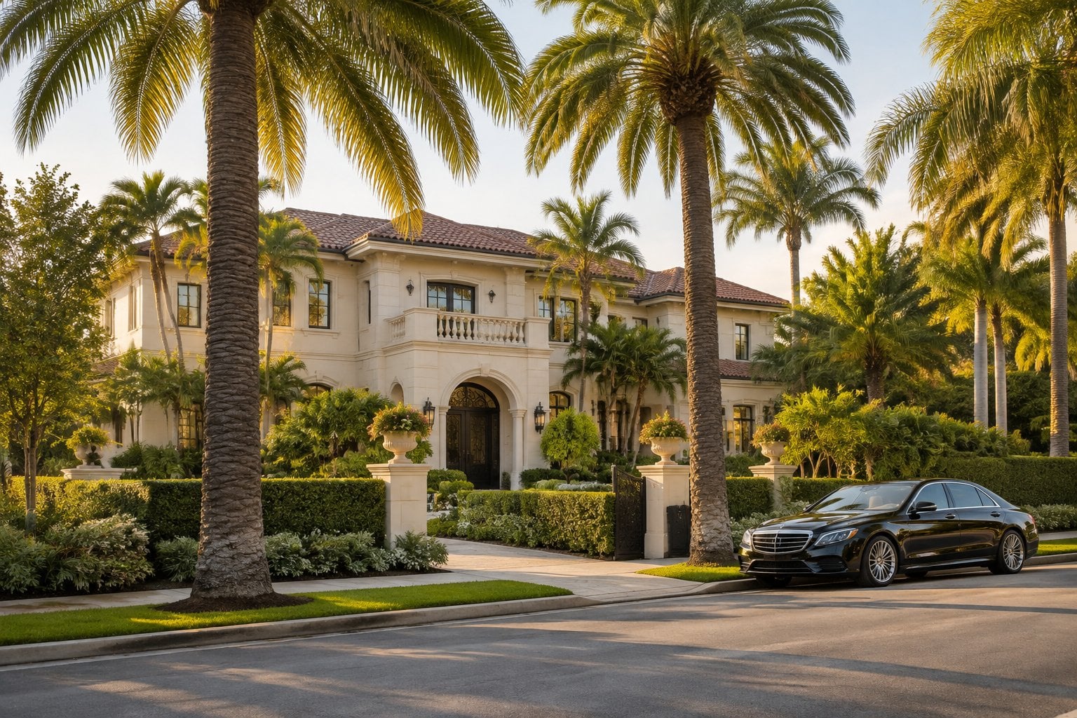 A luxury home with palm trees and manicured landscaping in Beverly Hills.
