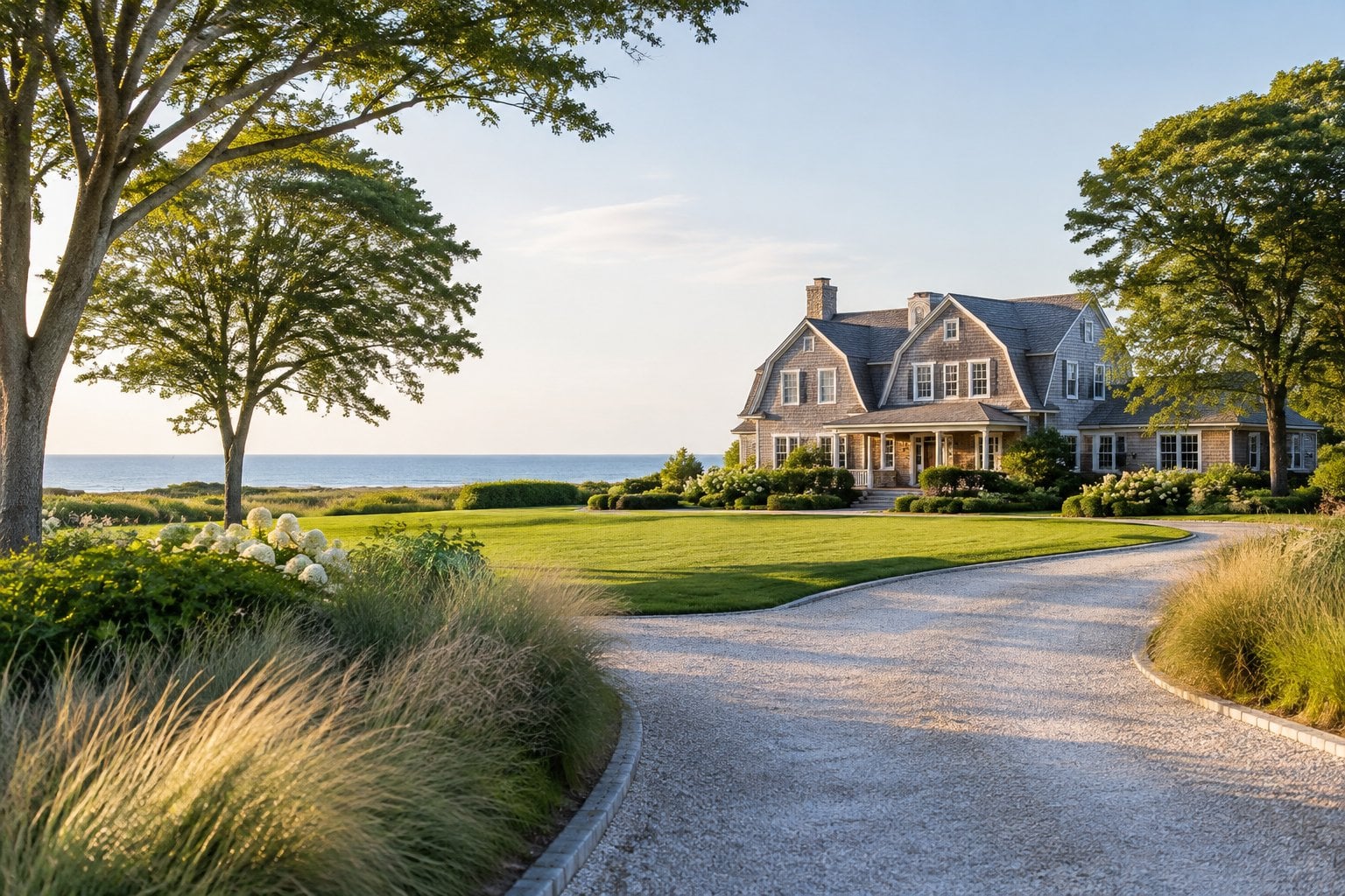 A coastal estate surrounded by lawns and trees near the Atlantic Ocean.