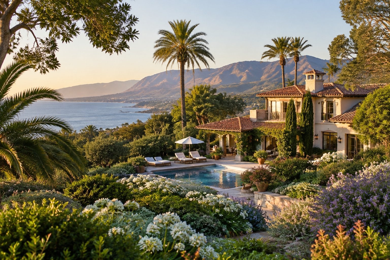 A coastal estate surrounded by palm trees and gardens in Montecito, with mountains and the ocean in the distance.