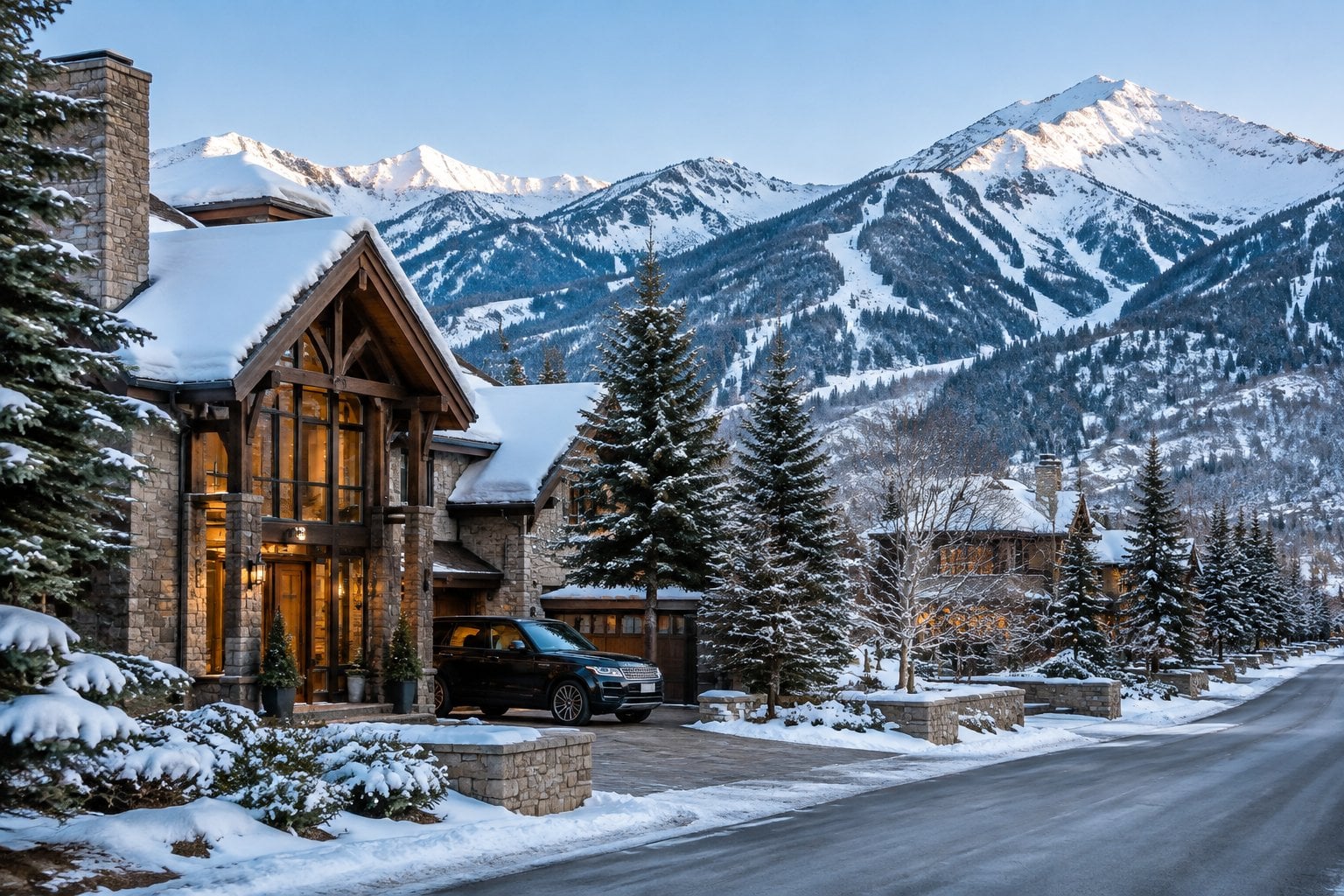 A luxury home in Aspen beneath snow-covered Rocky Mountain peaks.