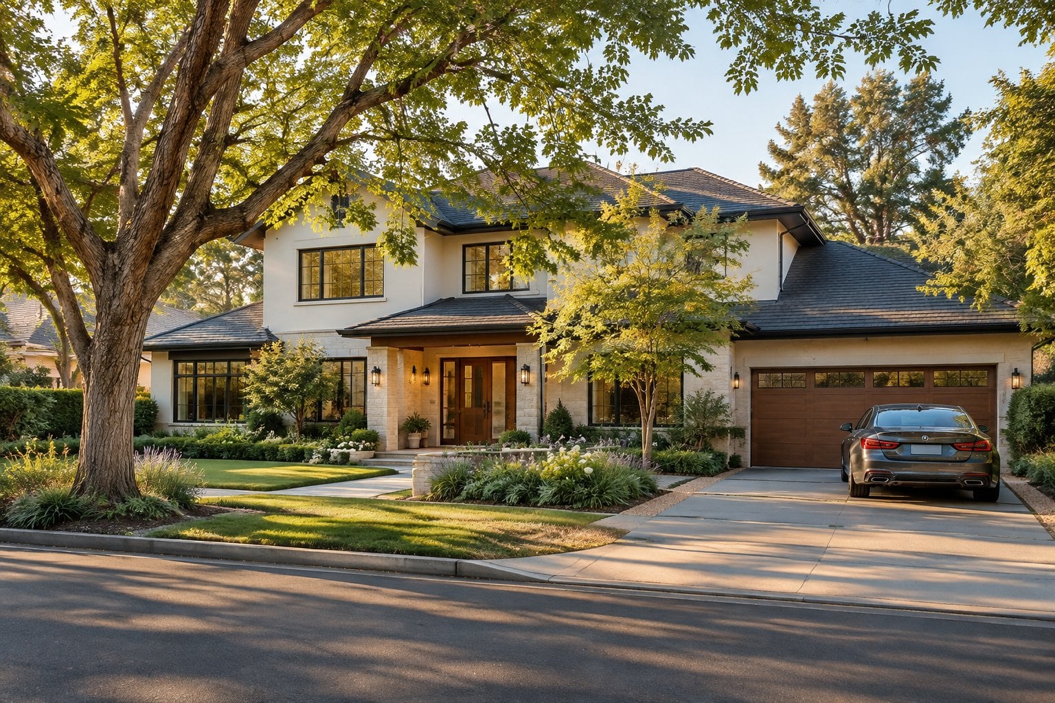 An upscale home on a quiet, tree-lined street in Los Altos, California.