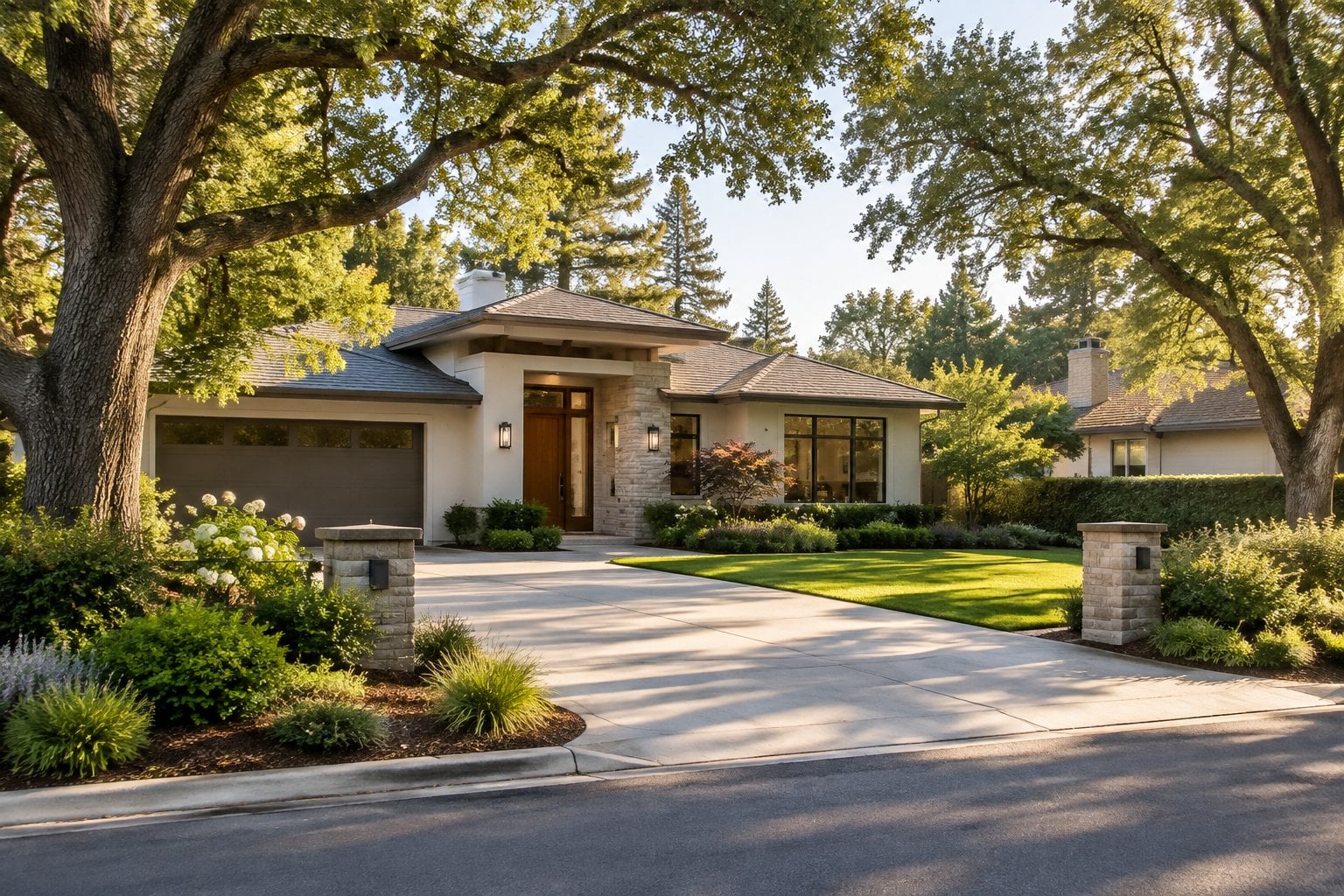 A well-kept modern home sits among mature trees in a quiet Los Altos neighborhood.