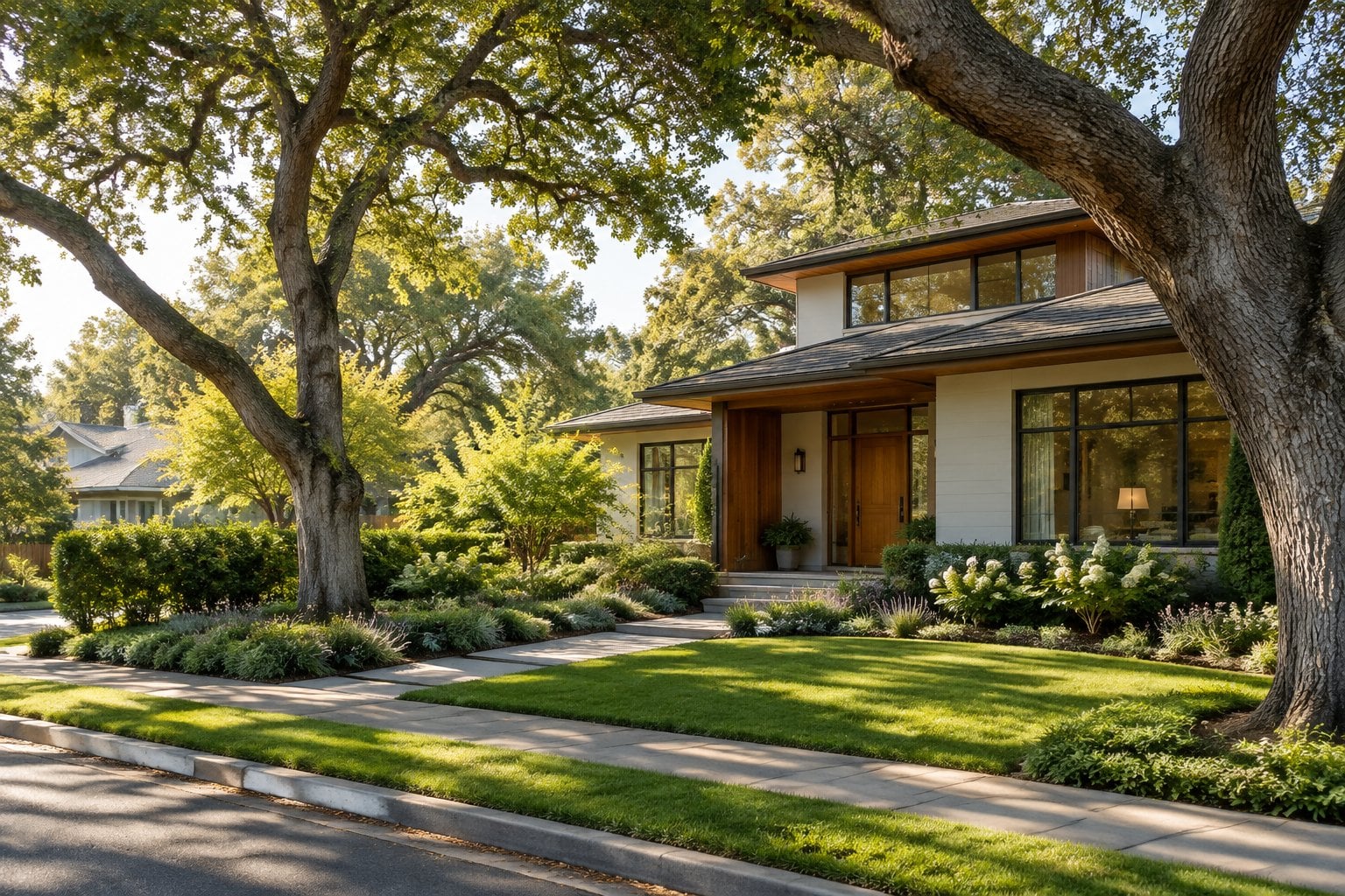 A modern home on a leafy residential street in Palo Alto.